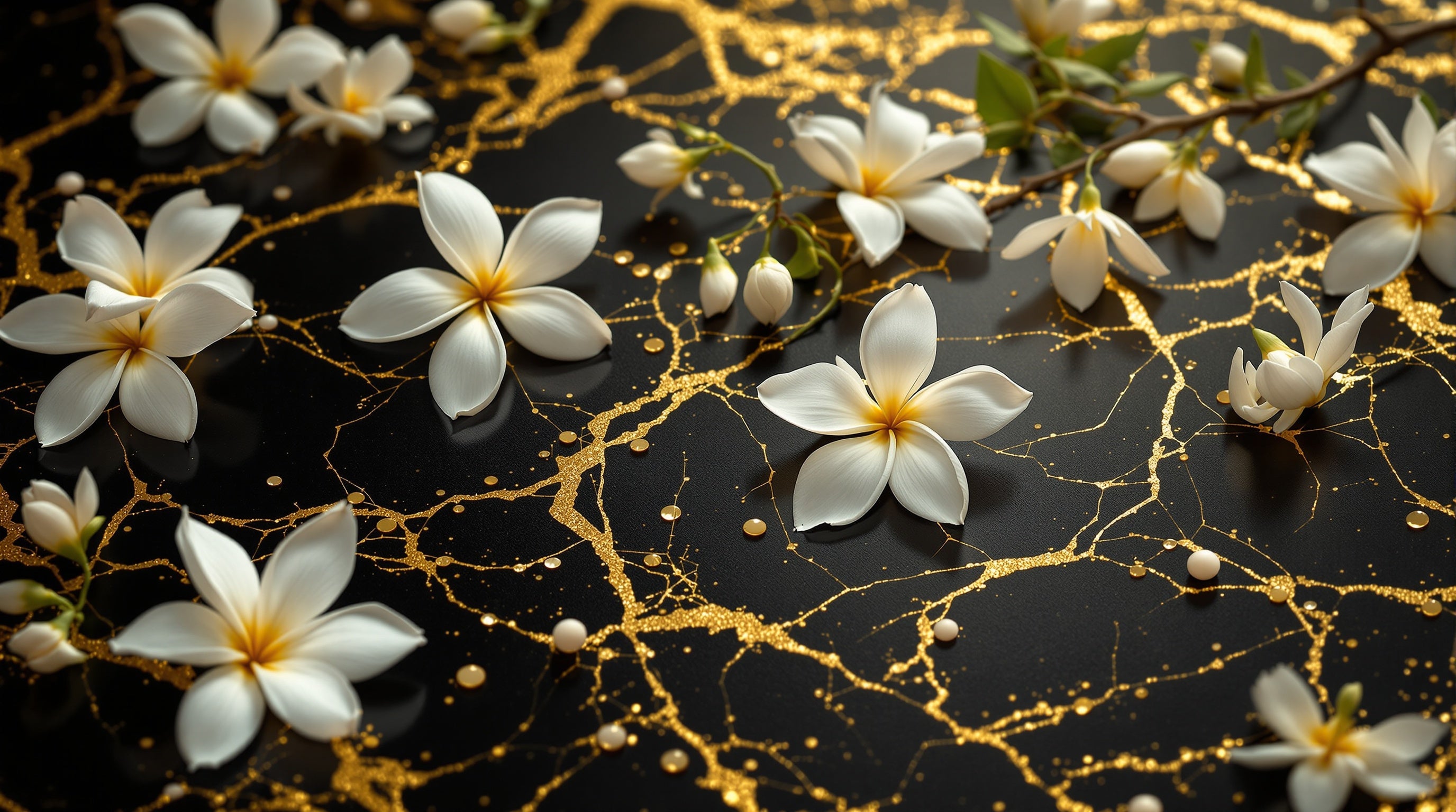 Jasmine, aged oud and gold leaf on black lacquer in jewel-like light, evoking Roja Dove