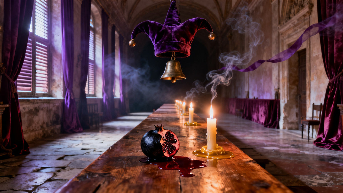 A candlelit banquet table in a dark palace hall, a split pomegranate and spilled wine beneath a floating violet jester's cap, evoking The Antagonist The Jester