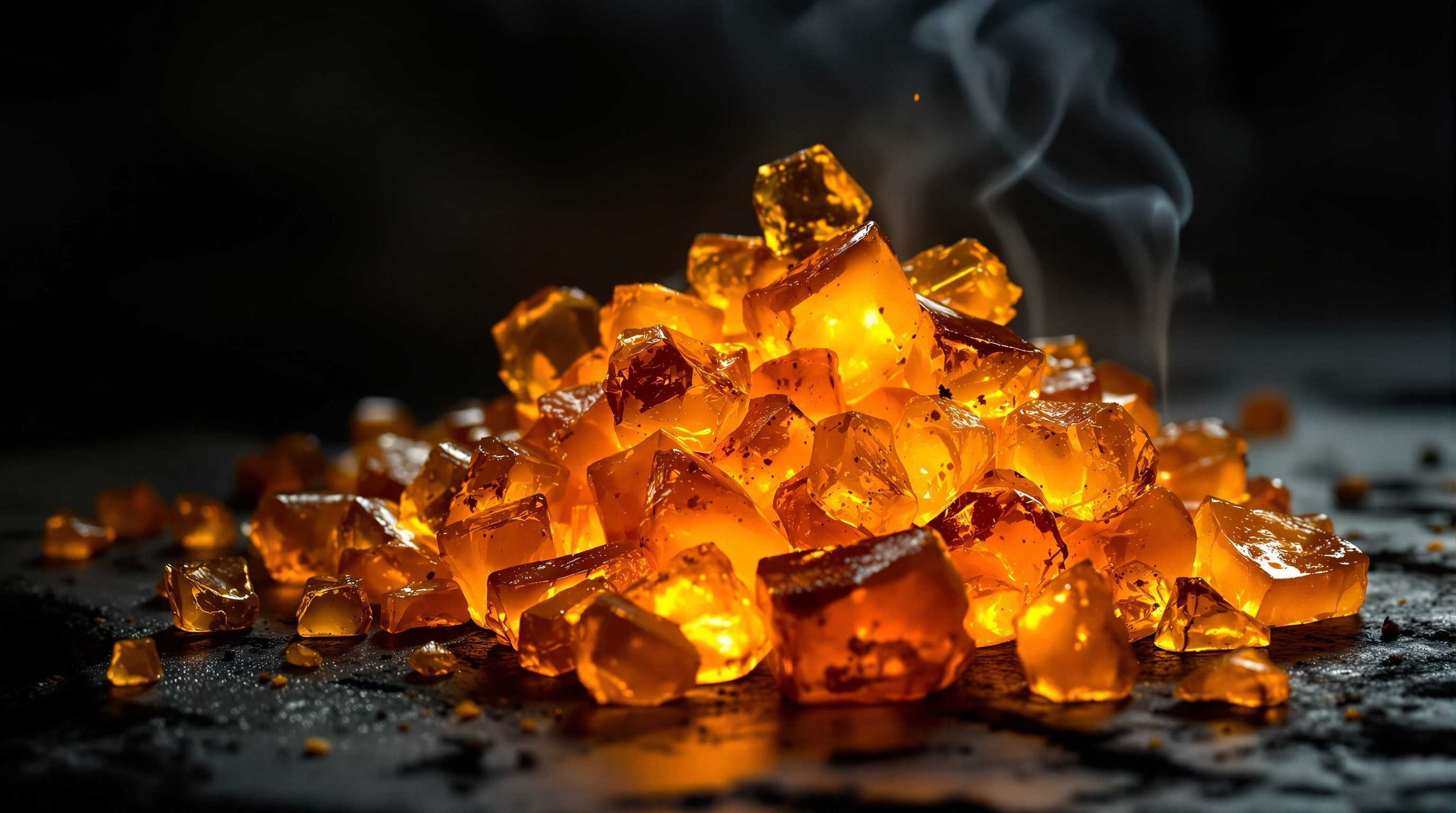 Glowing golden amber resin with a wisp of incense smoke, evoking niche amber fragrances