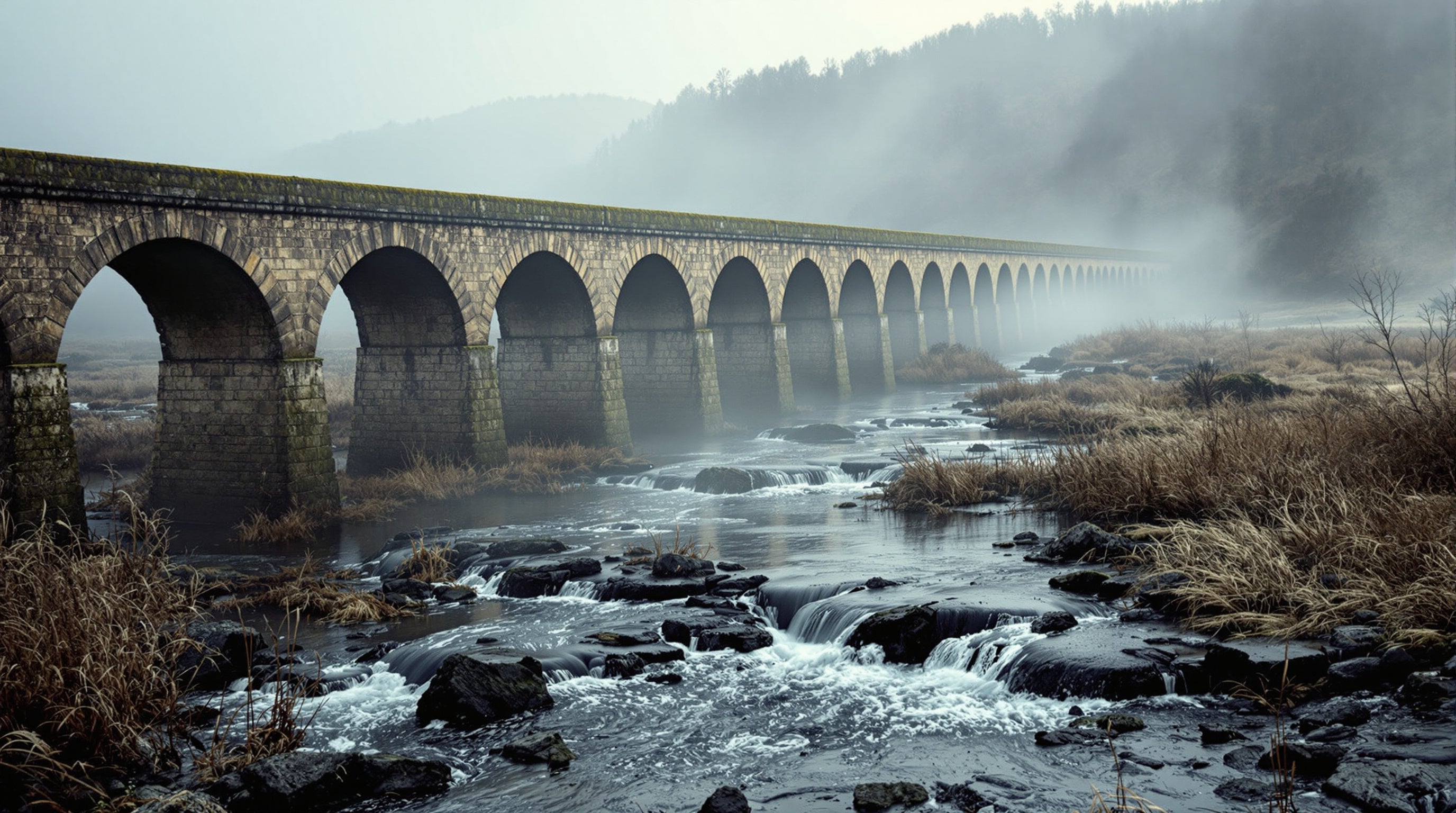 A stone aqueduct over a misty valley at dawn, its clear channel splitting downstream into many silted branches that vanish into fog.