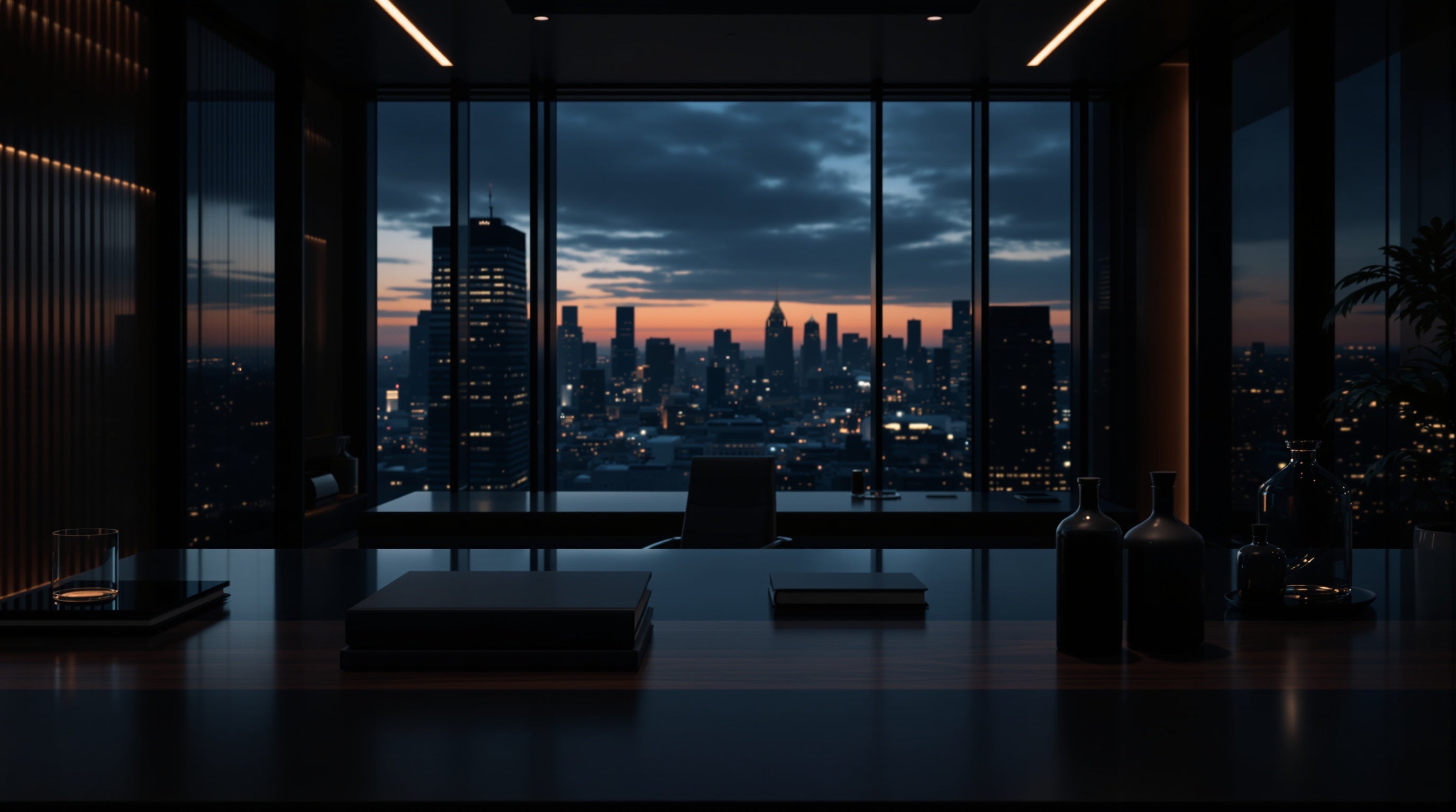 A sleek modern office at dusk with city lights