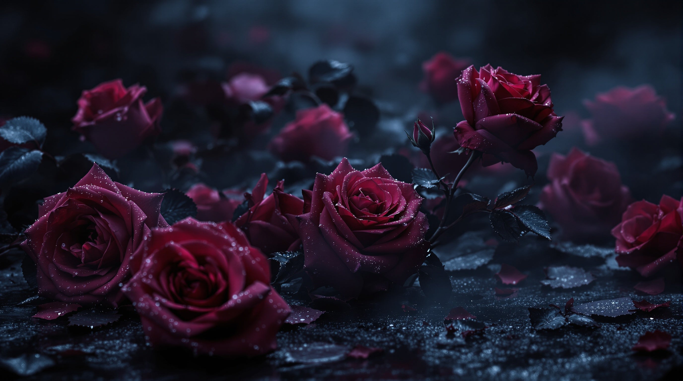 Deep crimson and dusky pink roses at twilight