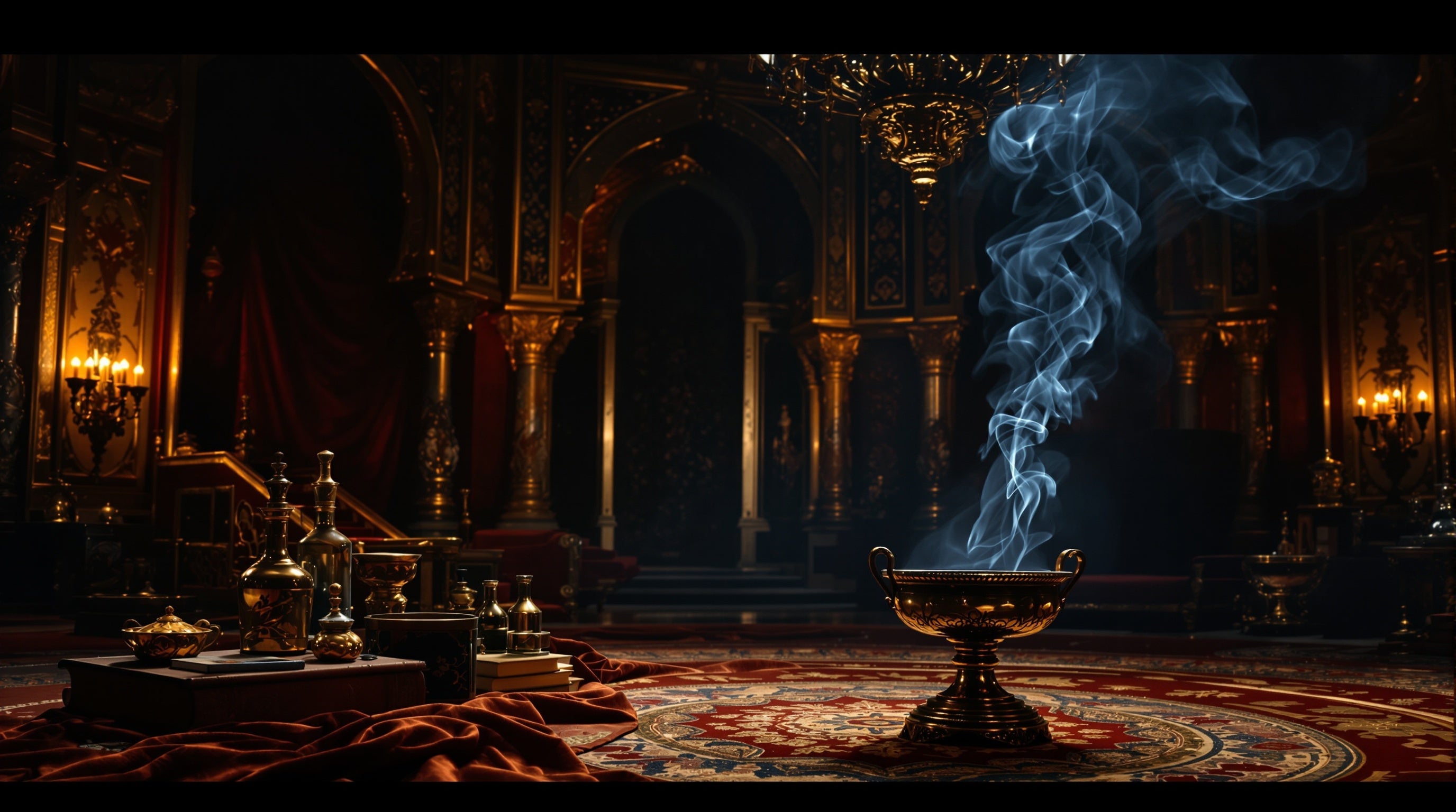 An opulent palace interior with incense smoke in golden light