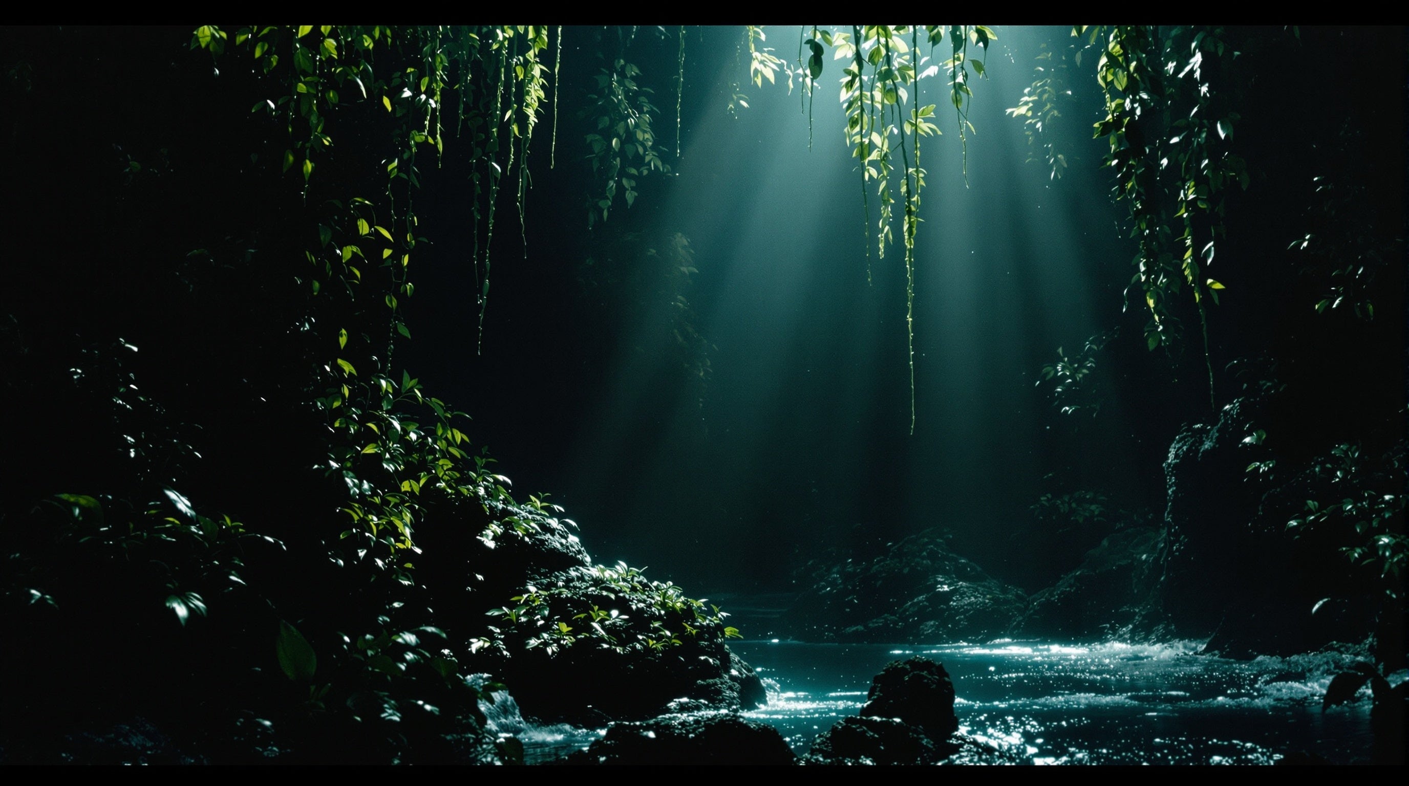 Primeval inky depths and dramatic foliage evoking a creatures world, evoking Zoologist