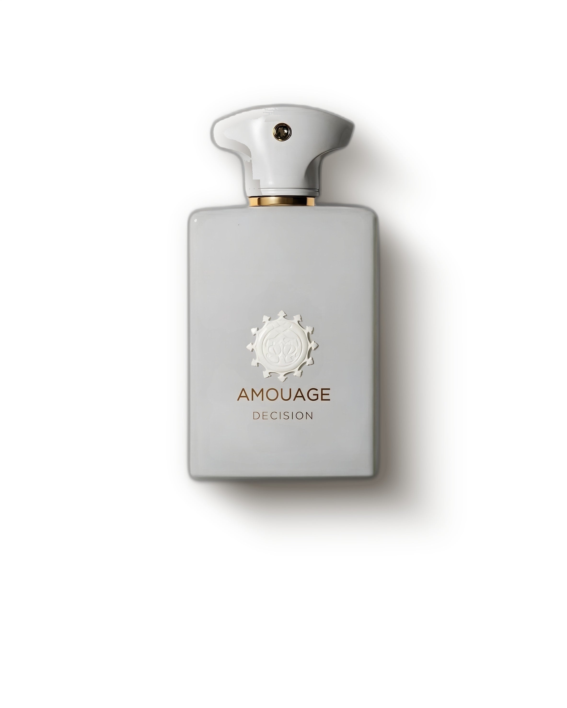 Amouage Decision pale grey bottle with gold collar on a soft cream backdrop, woody incense niche perfume decant