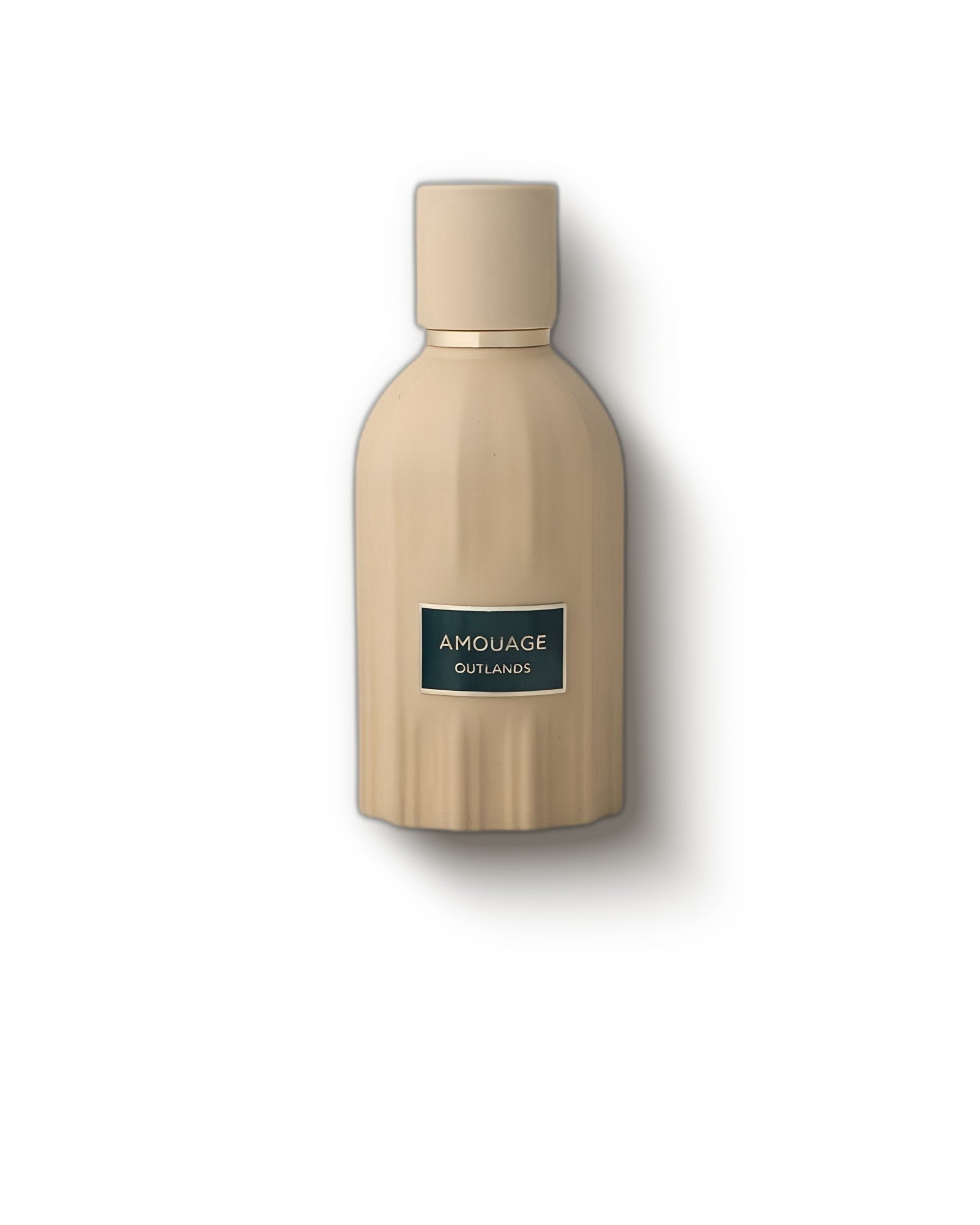 Amouage Outlands ribbed beige bottle with green label on a soft cream backdrop, incense niche perfume decant