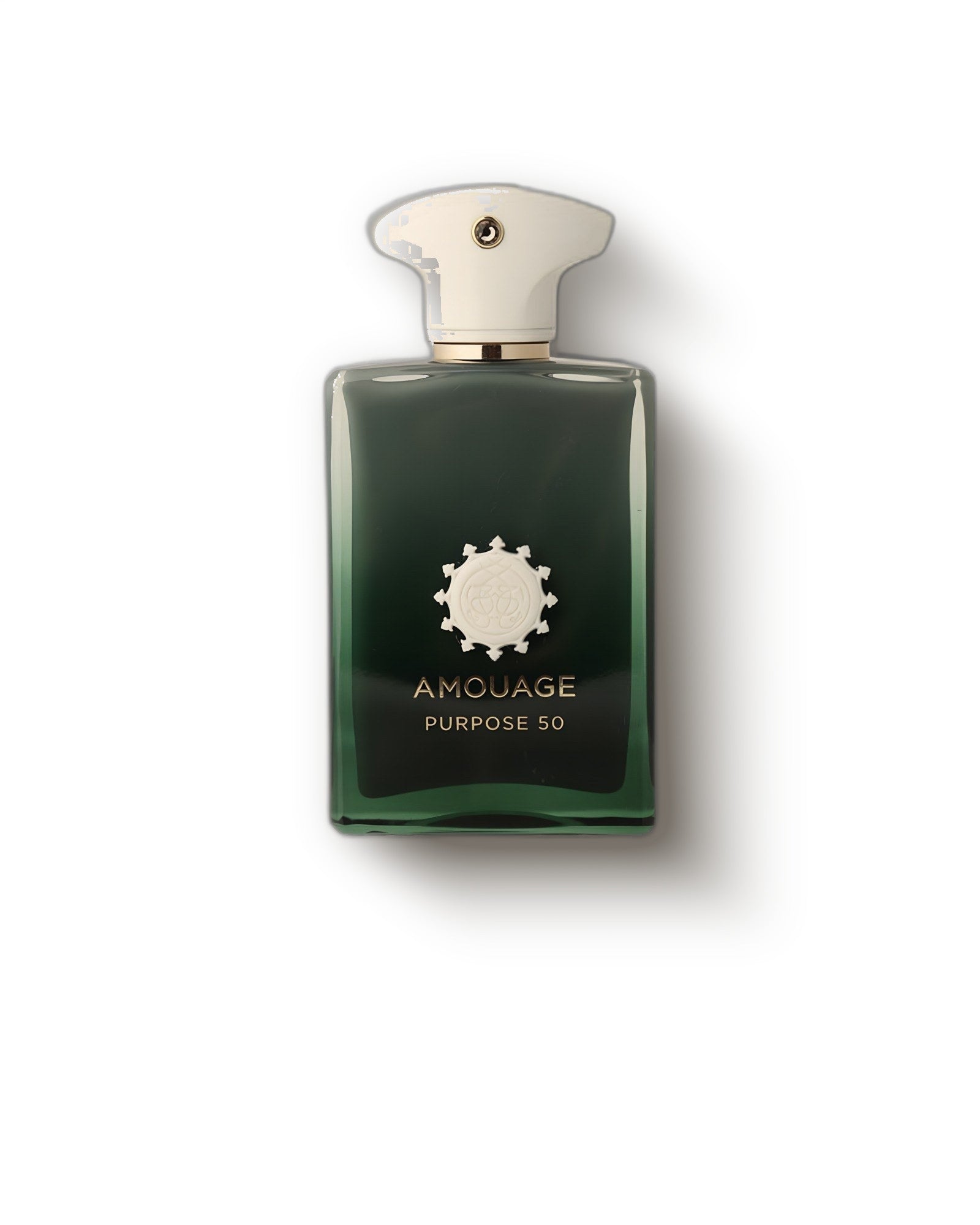 Amouage Purpose 50 deep green glass bottle with ivory jeweled cap on pale studio backdrop, incense extrait de parfum decant