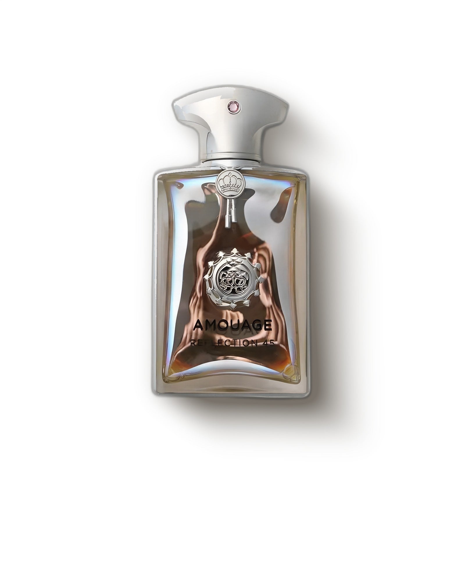 Amouage Reflection 45 silver-capped flacon on a pale studio backdrop, aromatic lavender extrait de parfum decant