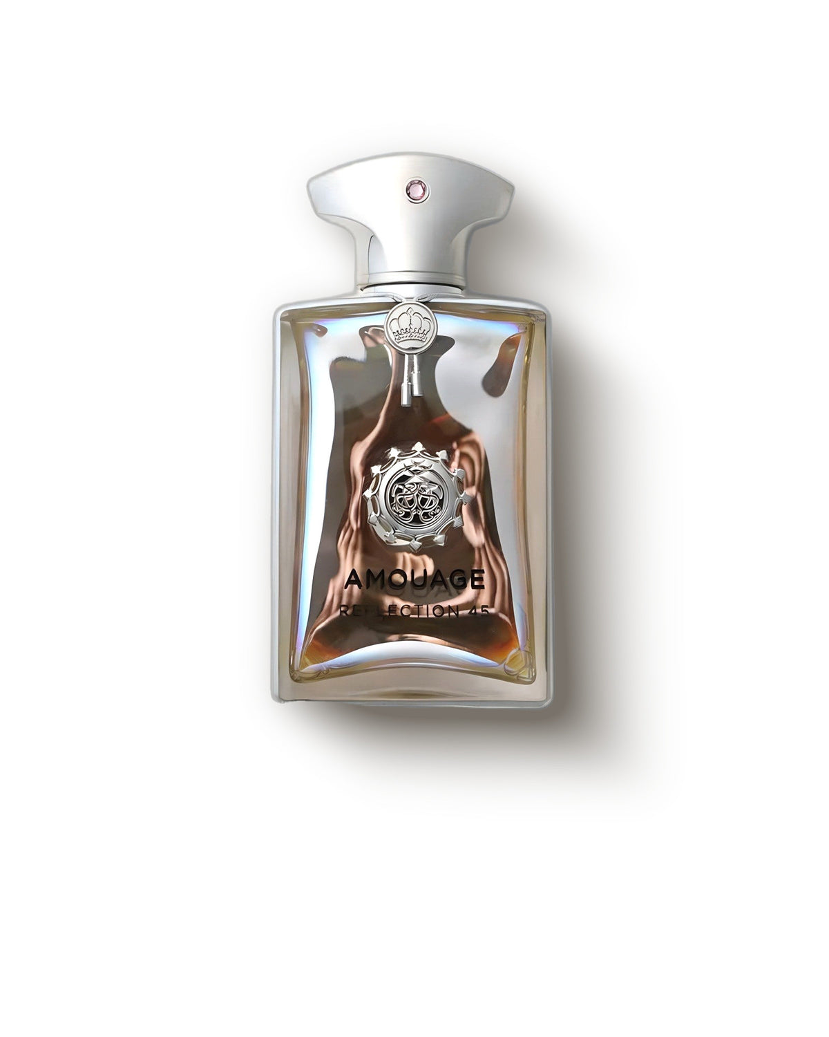 Amouage Reflection 45 Flakon mit Silberkappe vor hellem Studiohintergrund, aromatisches Lavendel-Extrait-de-Parfum-Decant