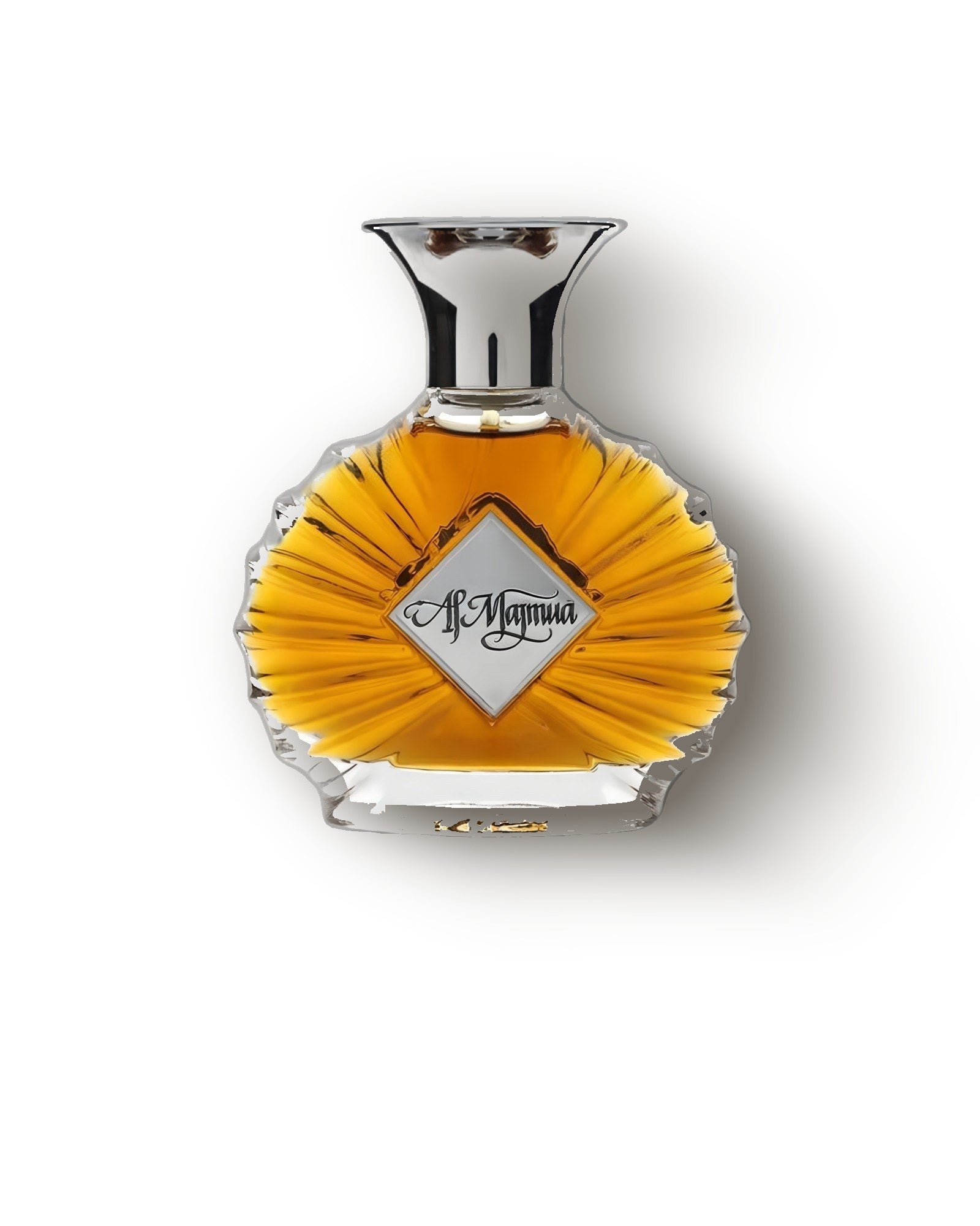 Areej Le Doré Al Majmua fan-cut flacon of amber extrait on soft grey, green chypre niche perfume decant
