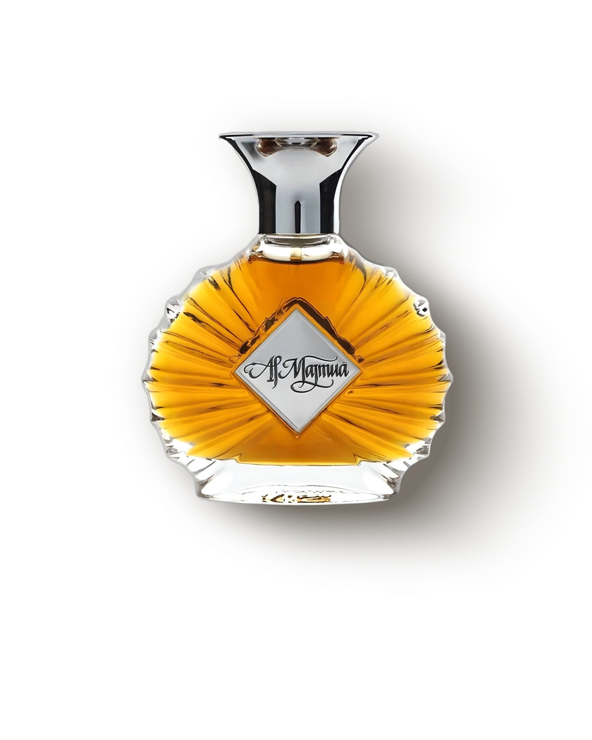 Botol potong kipas Areej Le Doré Al Majmua berisi extrait amber di atas abu-abu lembut, decant parfum niche chypre hijau