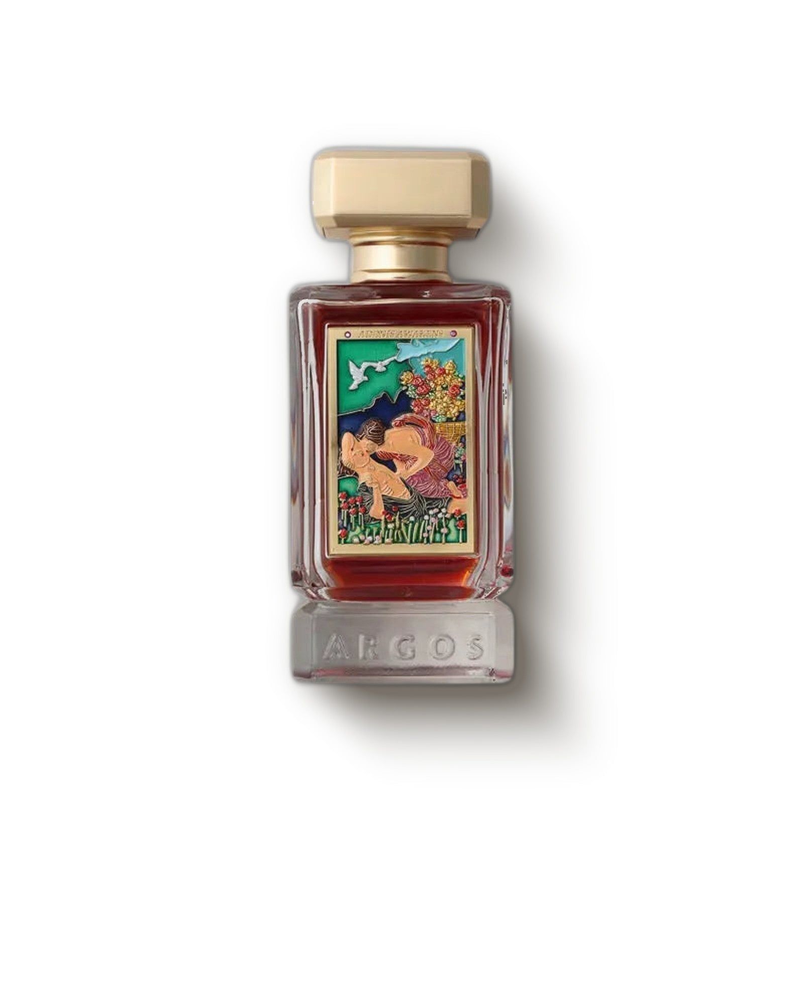 Argos Adonis Awakens amber bottle with enameled art panel on cream, rose extrait de parfum decant