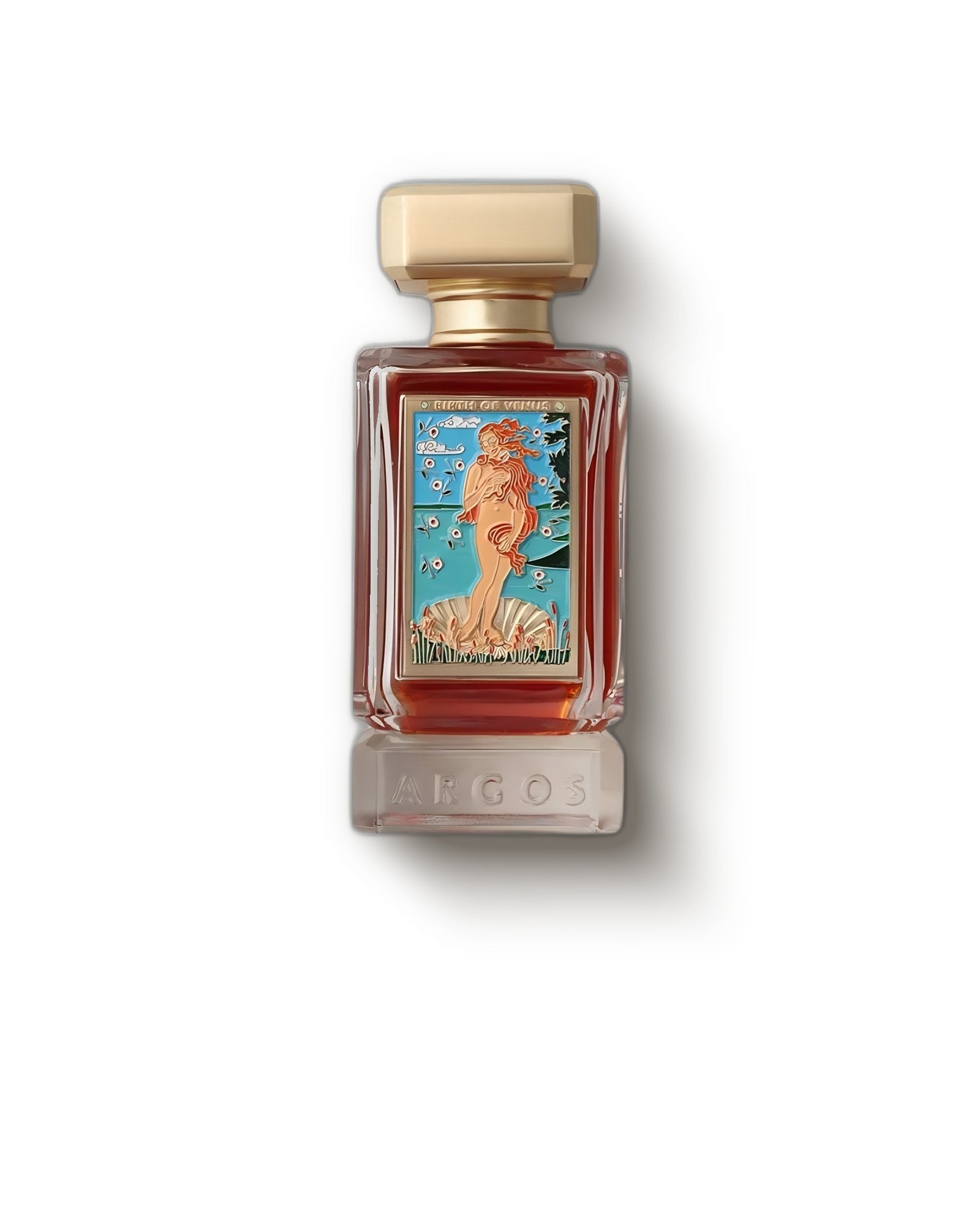 Argos Birth of Venus bottle with its enameled Venus label on a soft cream backdrop, fruity-floral niche perfume decant