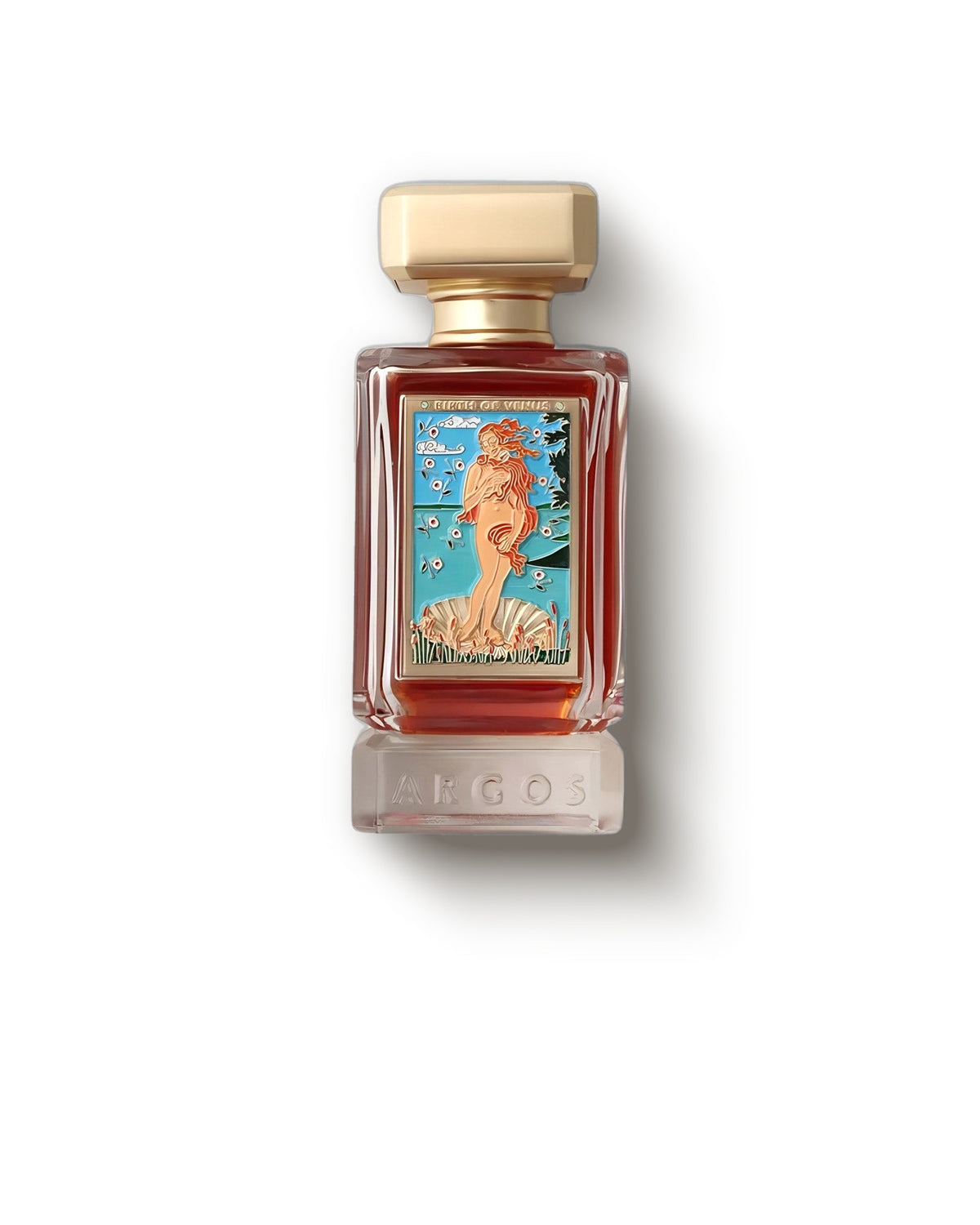 Botol Argos Birth of Venus dengan label Venus berenamel di latar krem lembut, decant parfum niche fruity-floral