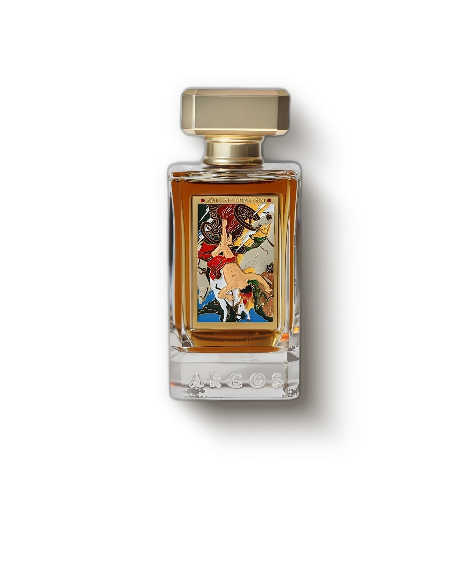 Argos Fall of Phaeton bottle, gold cap and amber juice on a soft grey backdrop, smoky leather extrait de parfum decant
