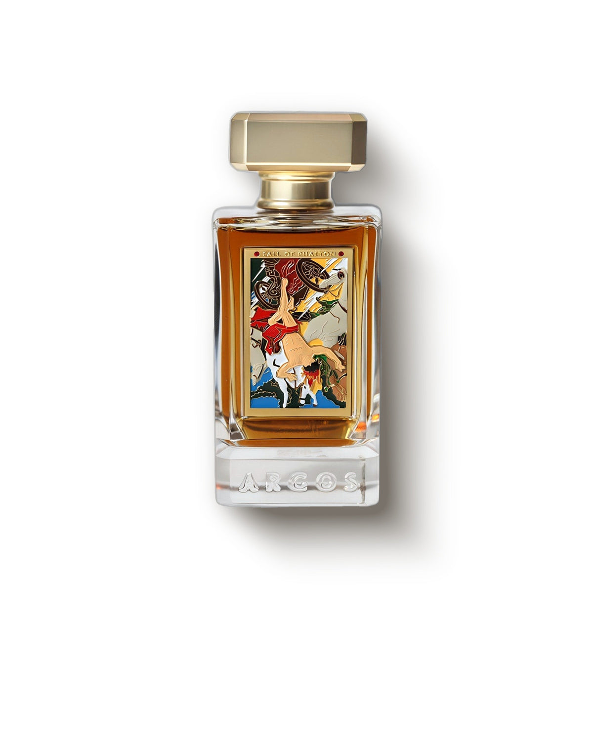 Botol Argos Fall of Phaeton, tutup emas dan cairan amber di latar abu lembut, decant extrait de parfum kulit berasap