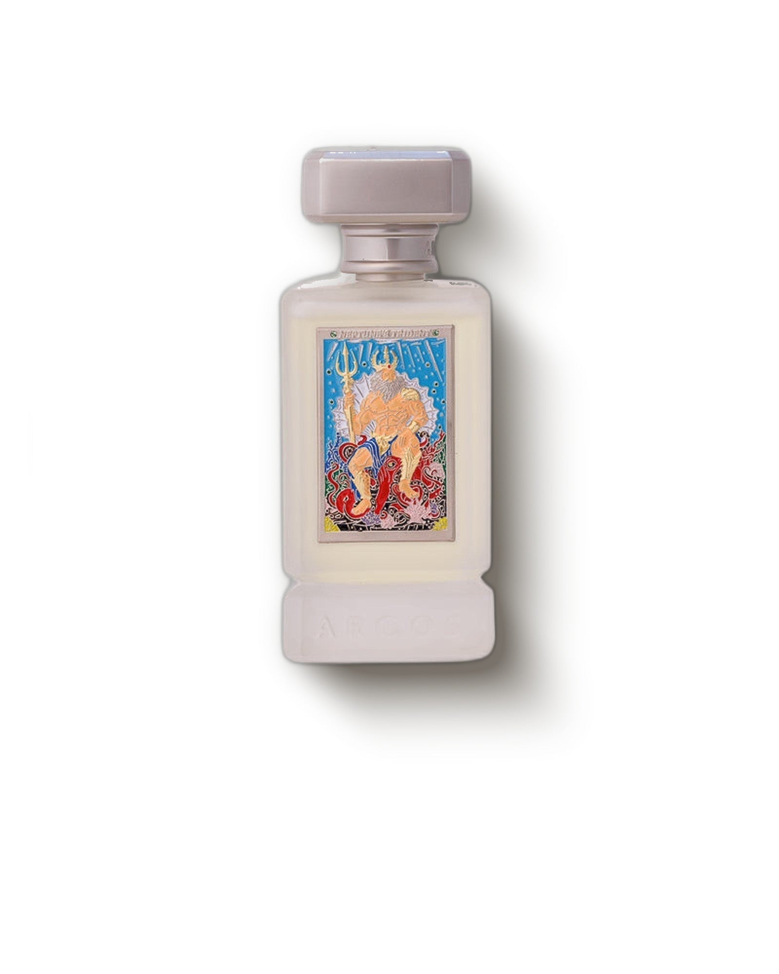 Argos Neptune's Trident frosted bottle with enamel Neptune plaque on cream, aquatic woody extrait decant