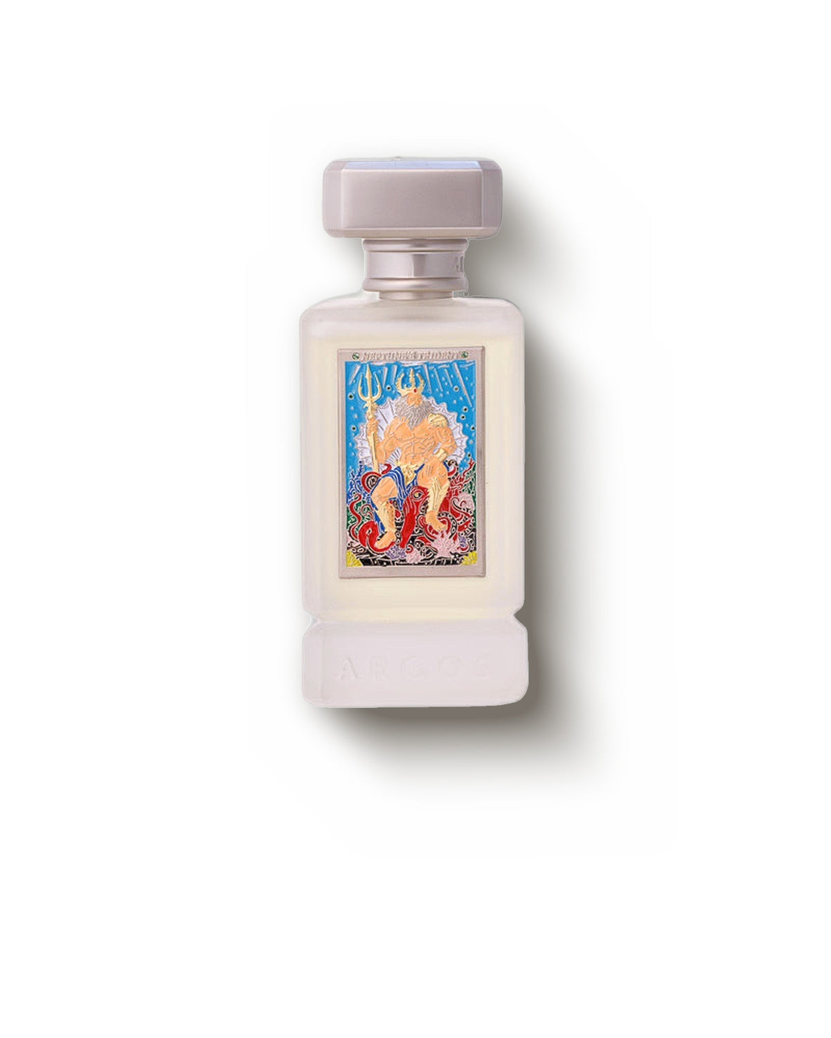 Argos Neptune's Trident botol buram dengan plakat enamel Neptunus di latar krem, decant extrait woody akuatik