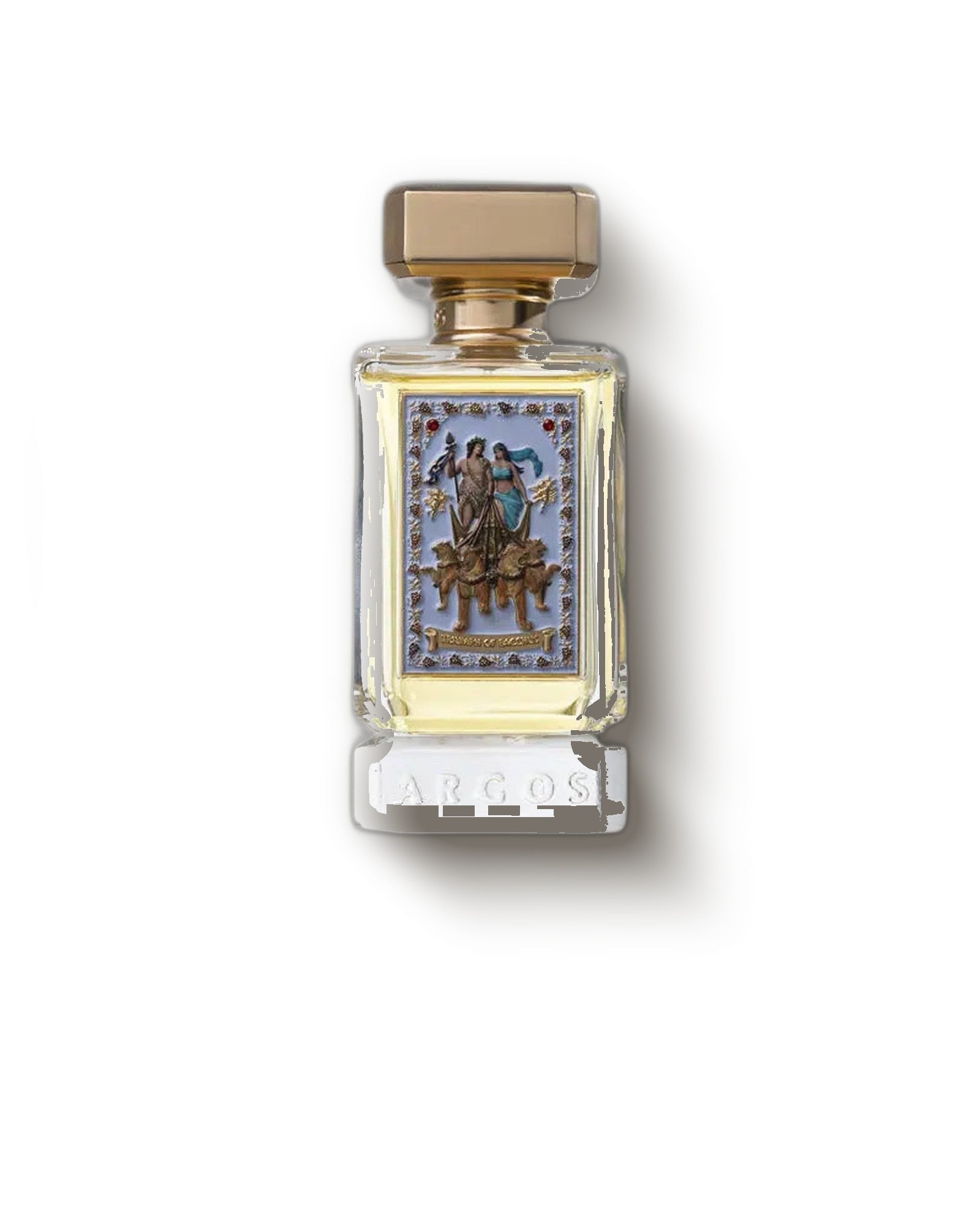 Argos Triumph of Bacchus Extrait bottle with ornate gold cap on a soft cream backdrop, amber niche perfume decant