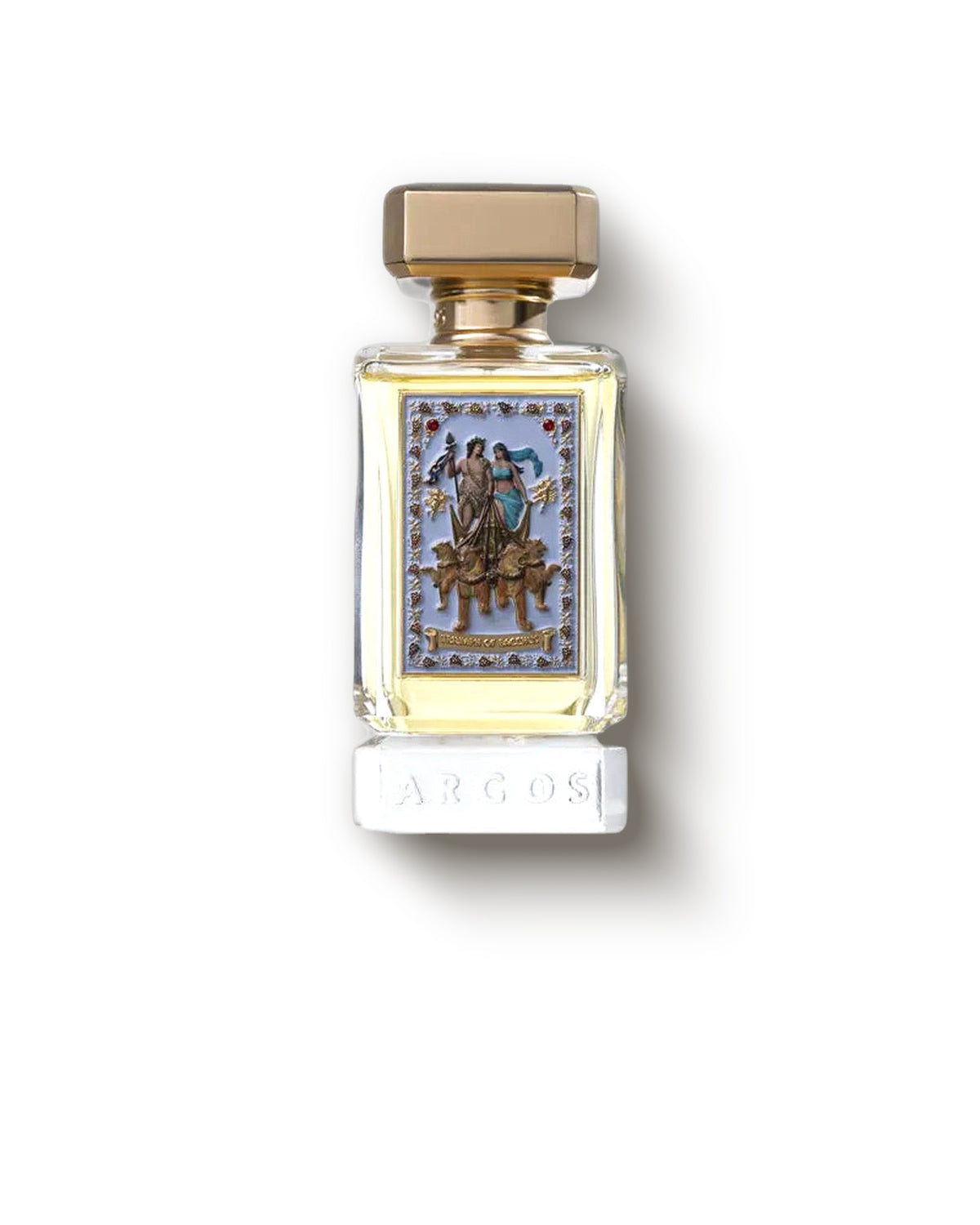 Botol Argos Triumph of Bacchus Extrait dengan tutup emas berukir di latar krem lembut, decant parfum niche amber