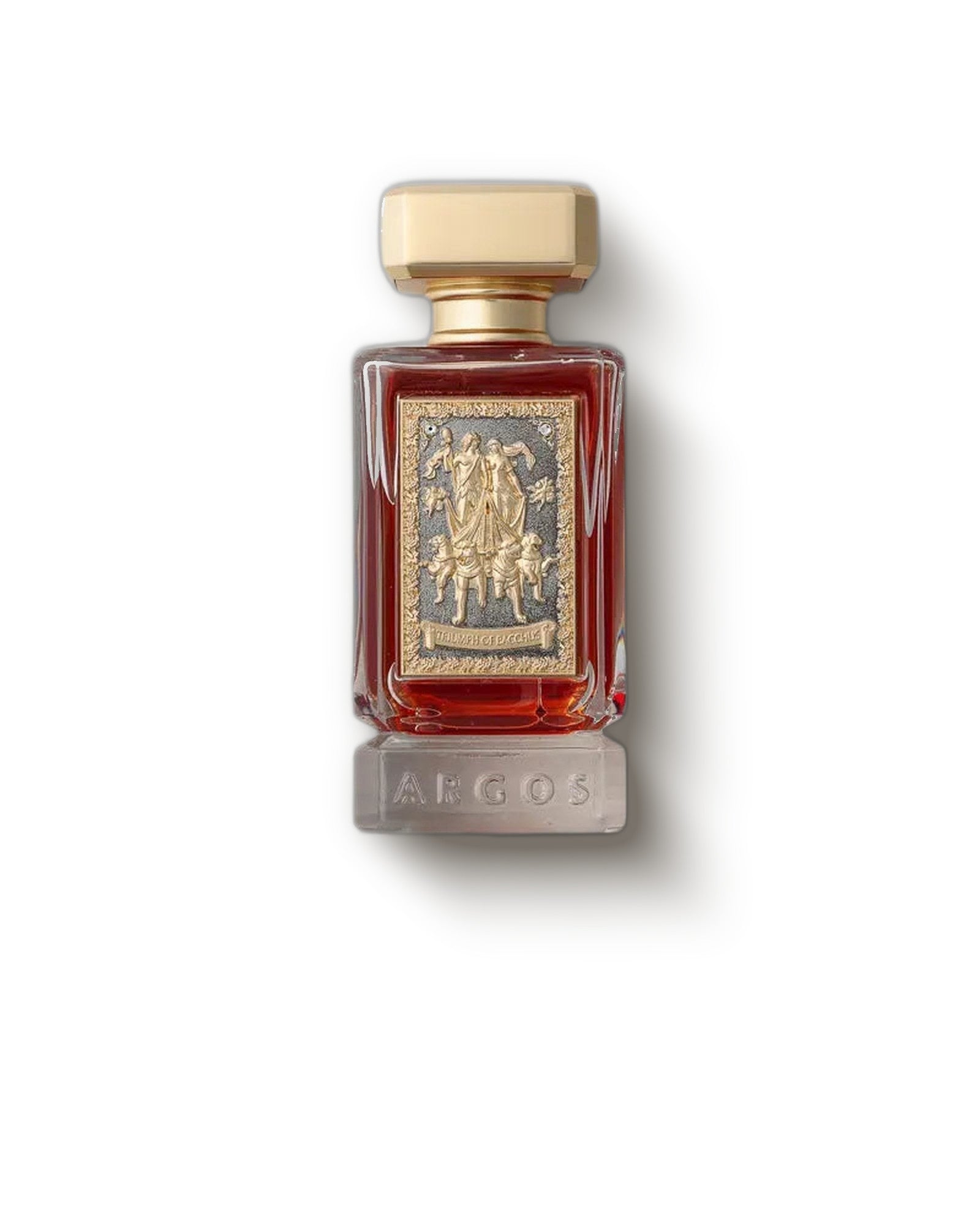 Argos Triumph of Bacchus red bottle with gold relief plaque on cream, boozy amber extrait de parfum decant