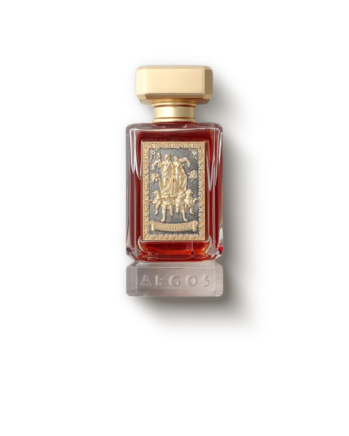 Argos Triumph of Bacchus botol merah dengan plakat emas timbul di atas krem, decant extrait de parfum amber yang memabukkan