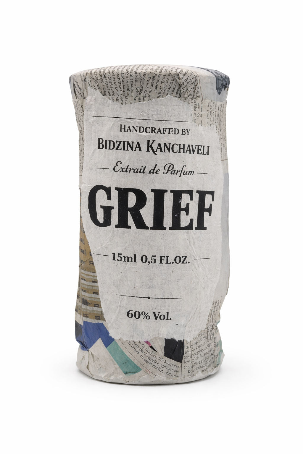 Bidzina Kanchaveli Grief paper-wrapped package printed Handcrafted by Bidzina Kanchaveli, Extrait de Parfum, 15ml, 60% Vol