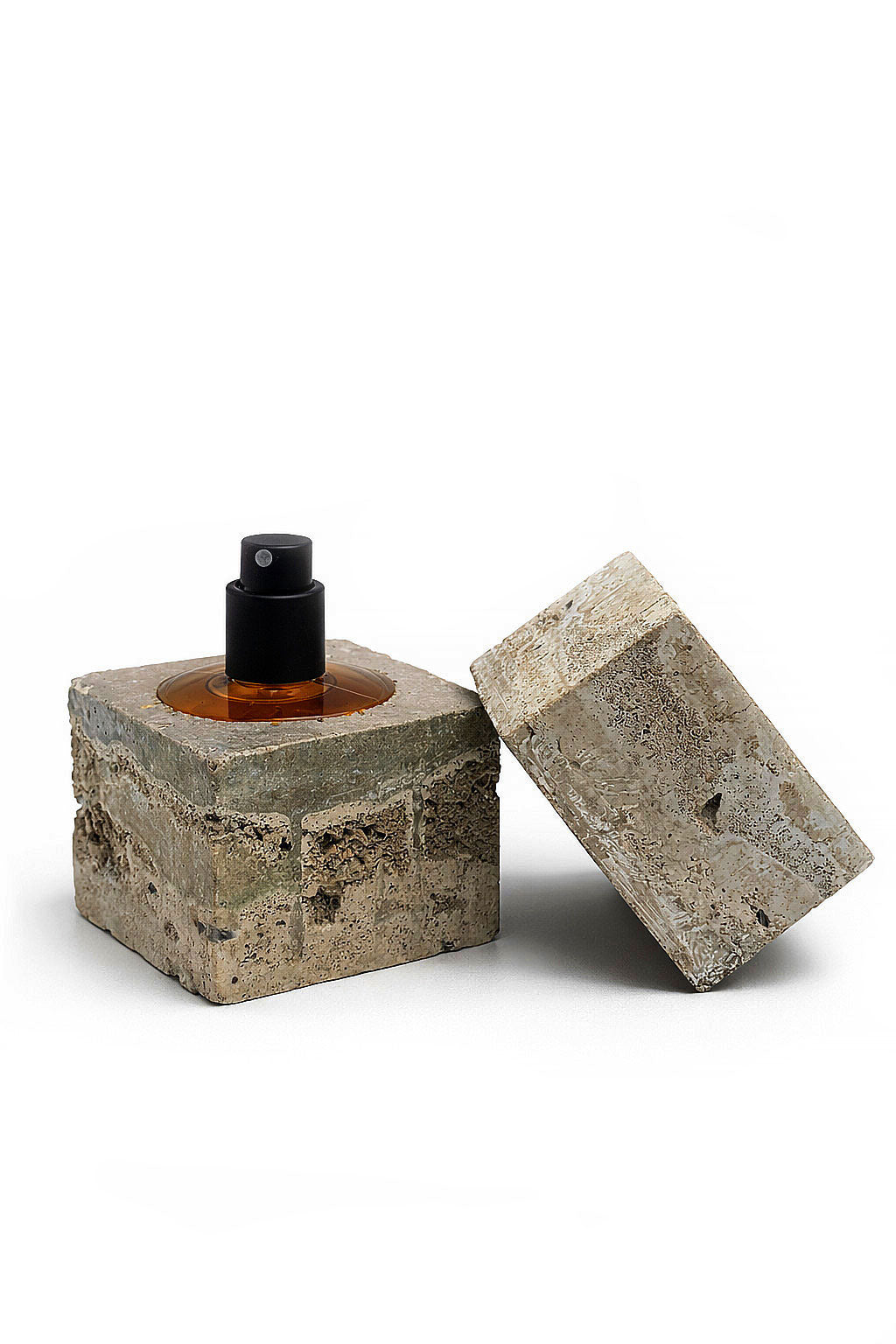 Bidzina Kanchaveli White cast concrete cube flacon opened, cast lid resting beside it and the atomiser visible, 30ml eau de parfum