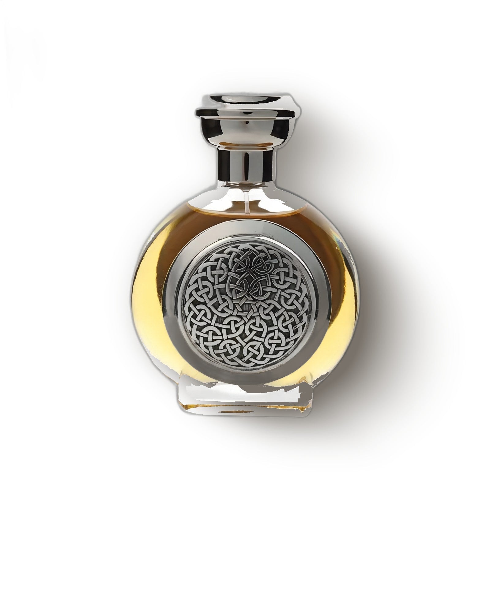 Boadicea the Victorious Bodacious round bottle with silver Celtic medallion on cream, boozy cherry gourmand decant