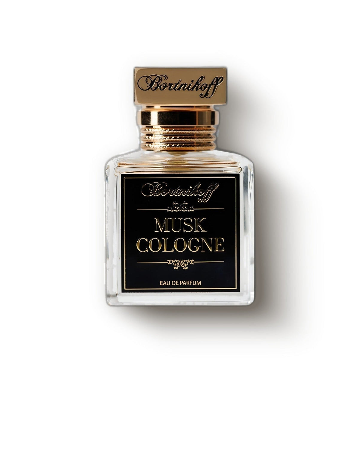 Bortnikoff Musk Cologne clear glass flacon with gold engraved cap on a pale studio backdrop, citrus musk niche perfume decant