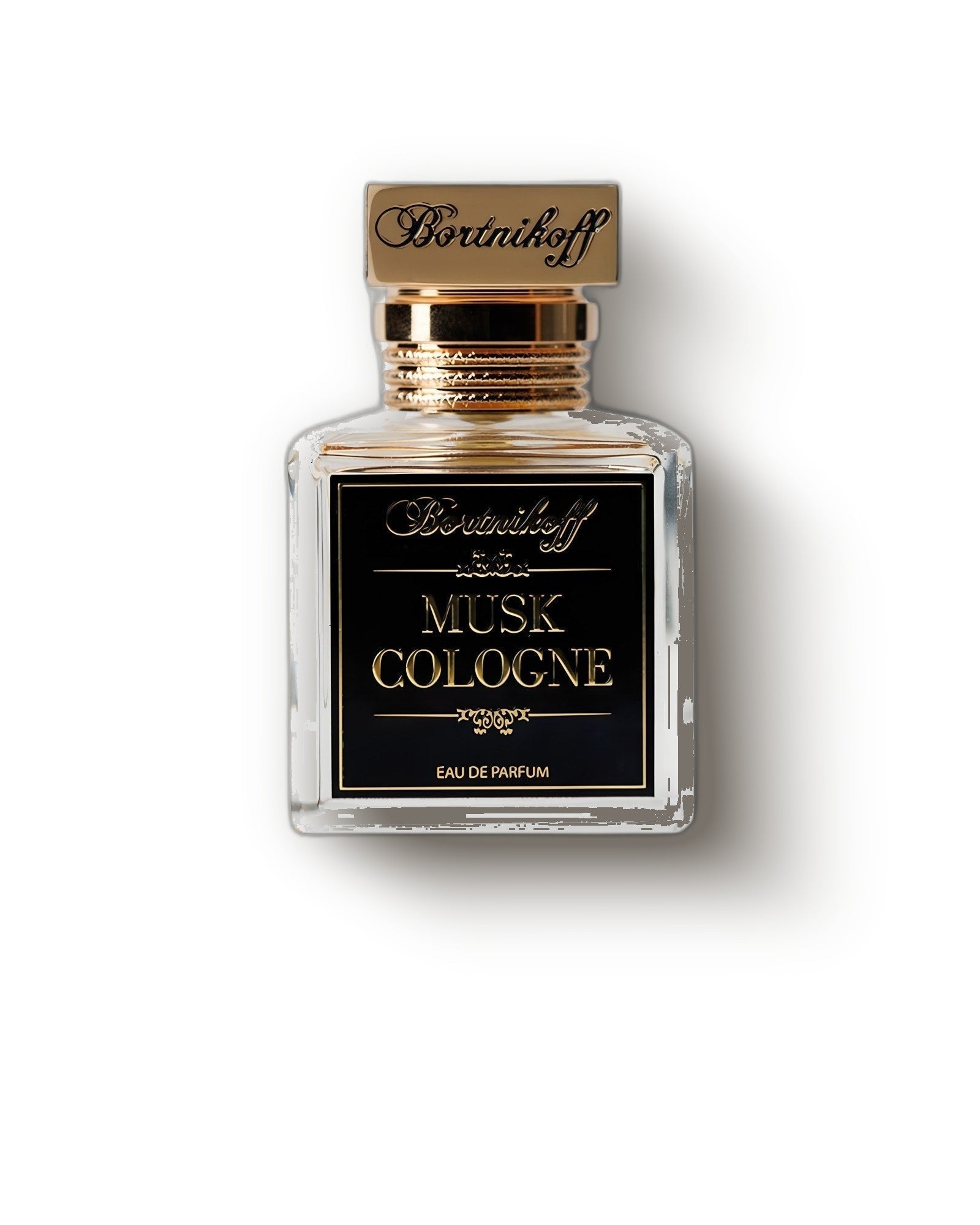 Bortnikoff Musk Cologne clear glass flacon with gold engraved cap on a pale studio backdrop, citrus musk niche perfume decant