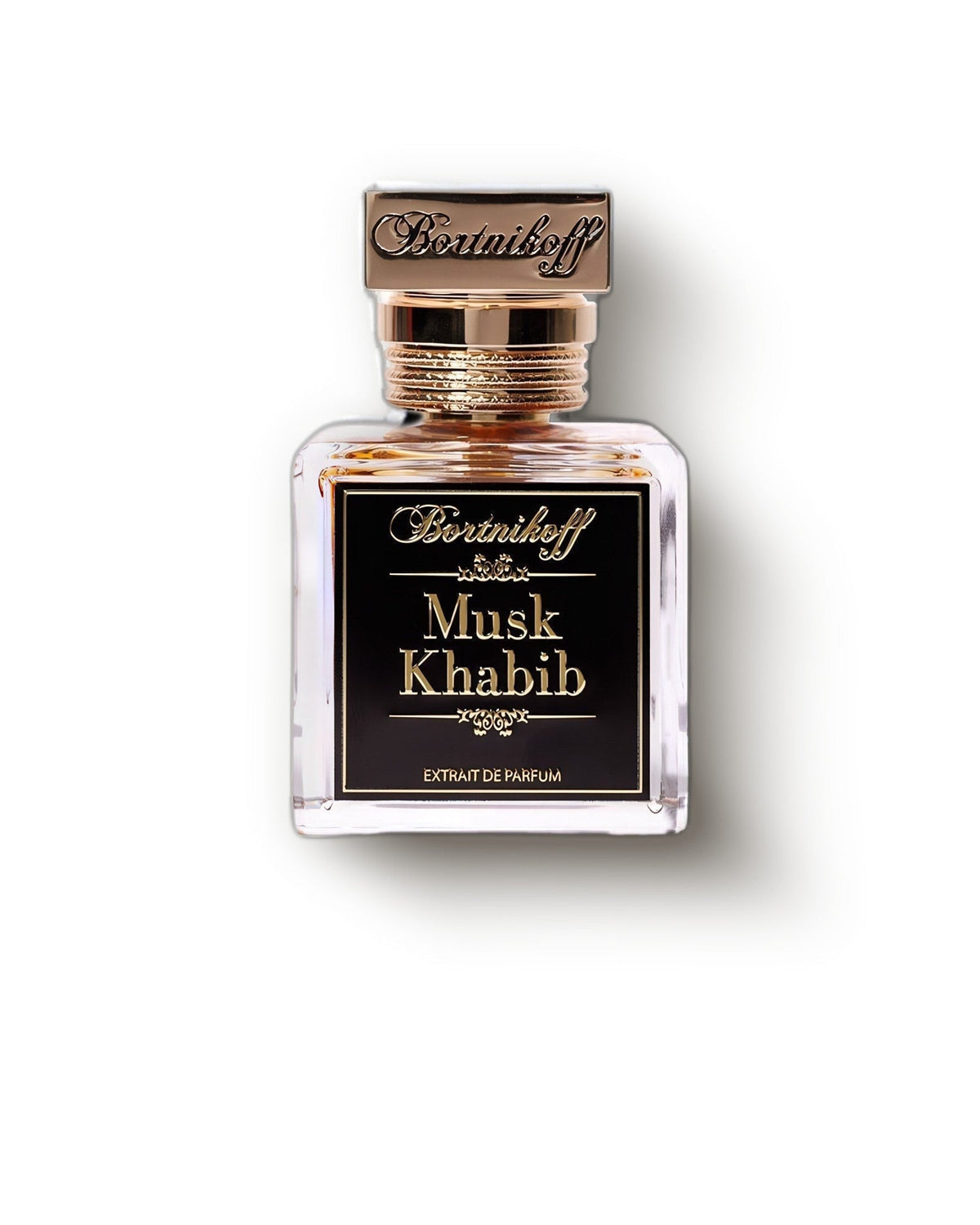 Bortnikoff Musk Khabib gold-capped bottle on soft cream, warm animalic musk extrait de parfum decant