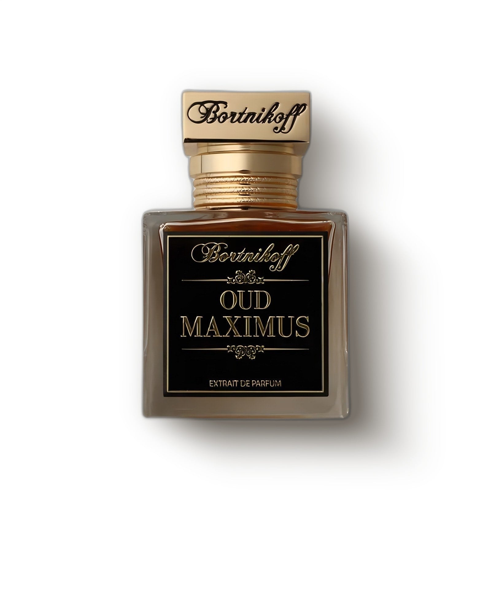 Bortnikoff Oud Maximus bottle with engraved gold cap on a soft pale backdrop, animalic oud extrait de parfum decant