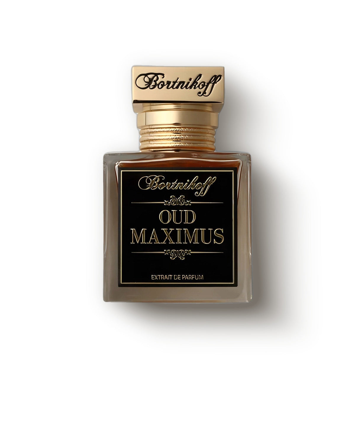 부드러운 연한 배경 위 각인된 골드 캡의 Bortnikoff Oud Maximus 보틀, 애니멀릭 우드 엑스트레 드 파르푱 디캔트