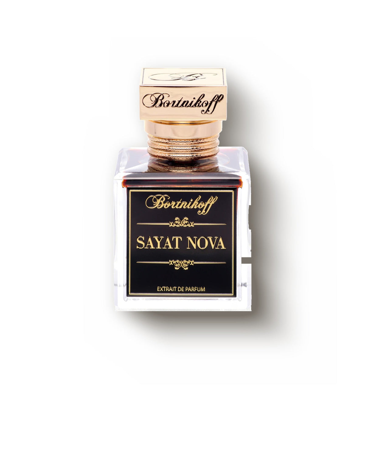 Bortnikoff Sayat Nova extrait de parfum, pale amber juice in a clear square flacon with a ridged rose-gold cap and a black and gold label