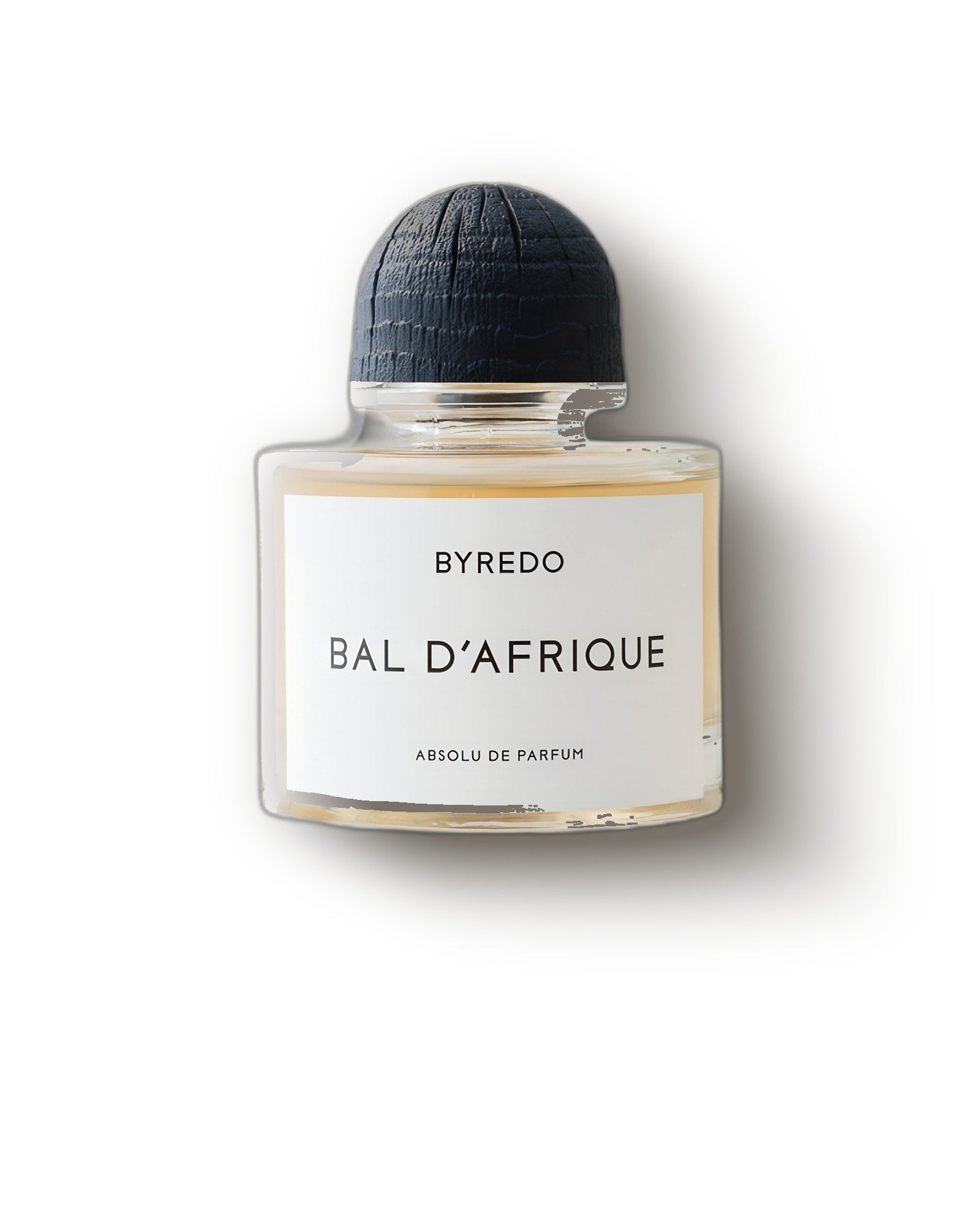 Byredo Bal d'Afrique Absolu clear flacon with black domed cap on soft grey, woody niche perfume decant