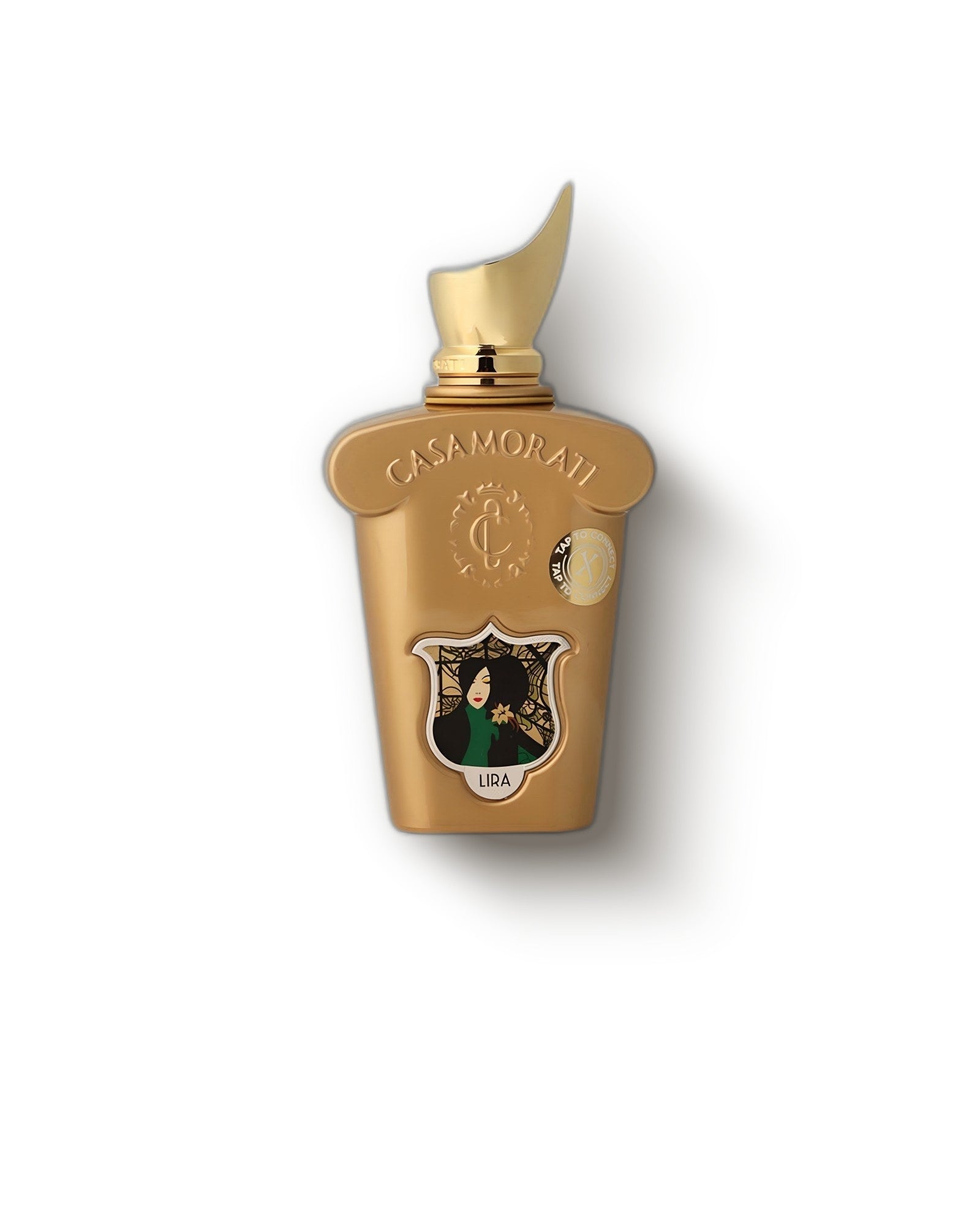 Casamorati Lira gold flacon with sculpted cap on a soft cream backdrop, vanilla gourmand niche perfume decant