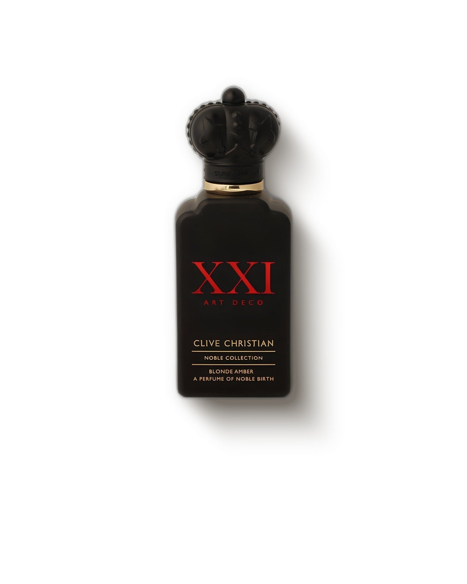 Clive Christian Blonde Amber black crown-capped bottle on soft cream, ambery extrait de parfum decant