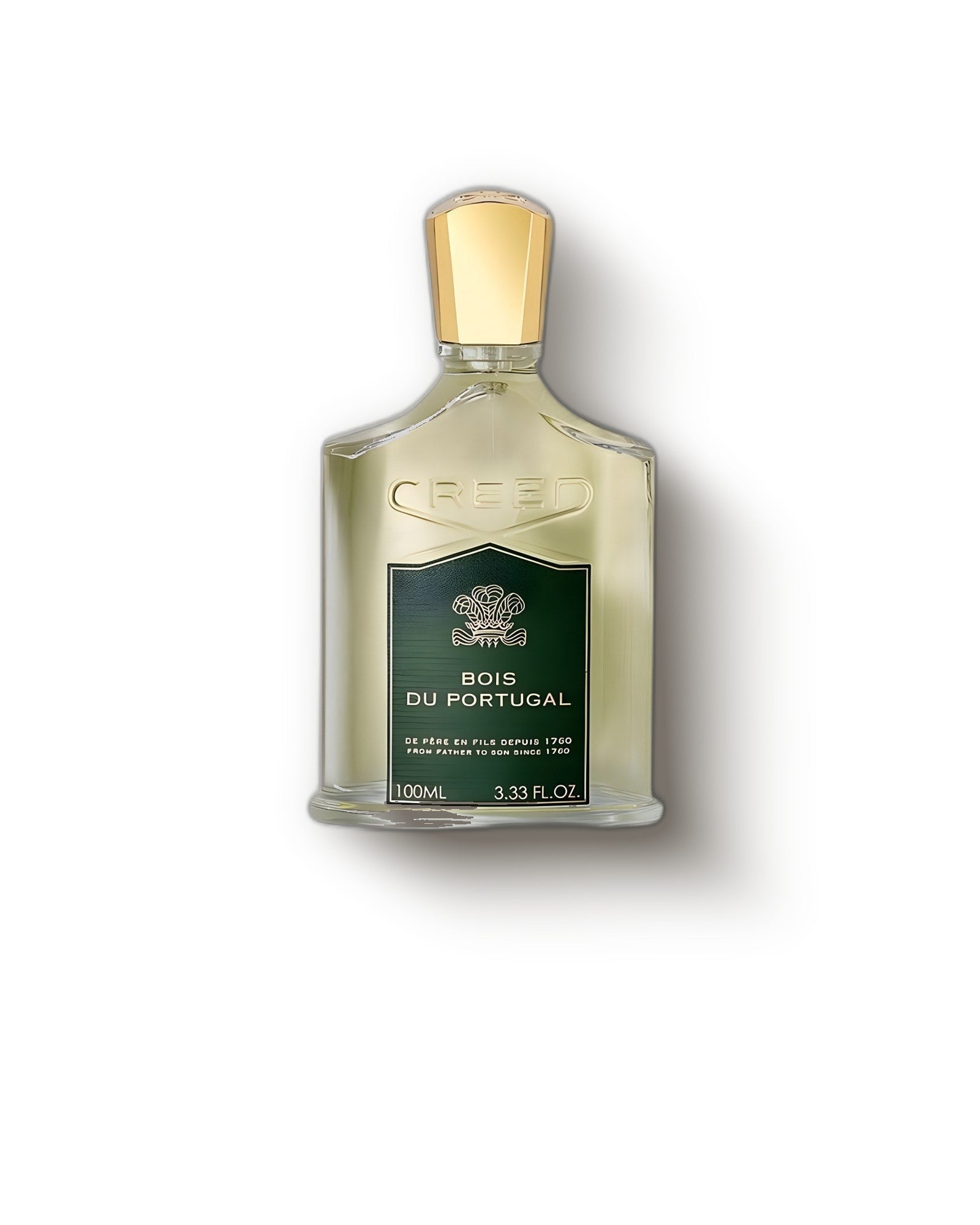 Creed Bois du Portugal olive-glass flacon with gold cap on a soft grey studio backdrop, aromatic woody perfume decant