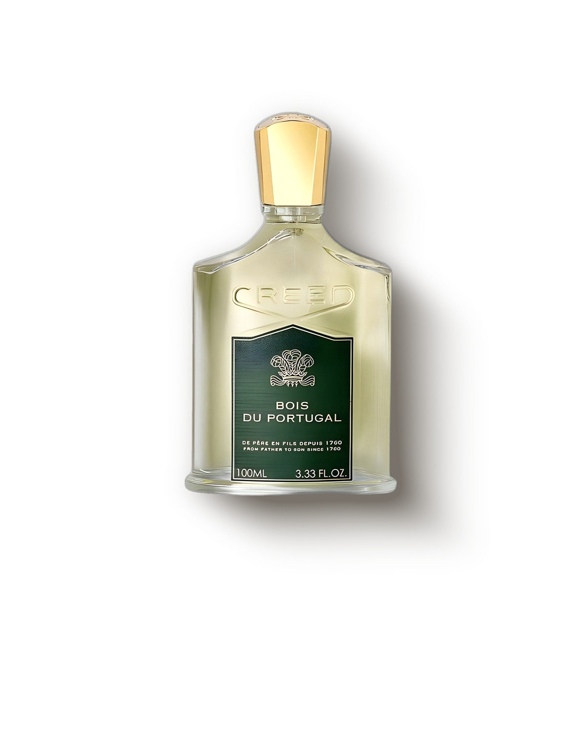 قارورة Creed Bois du Portugal الزجاجية بلون الزيتون بغطاء ذهبي على خلفية استوديو رمادية ناعمة، عطر خشبي عطري (ديكانت)