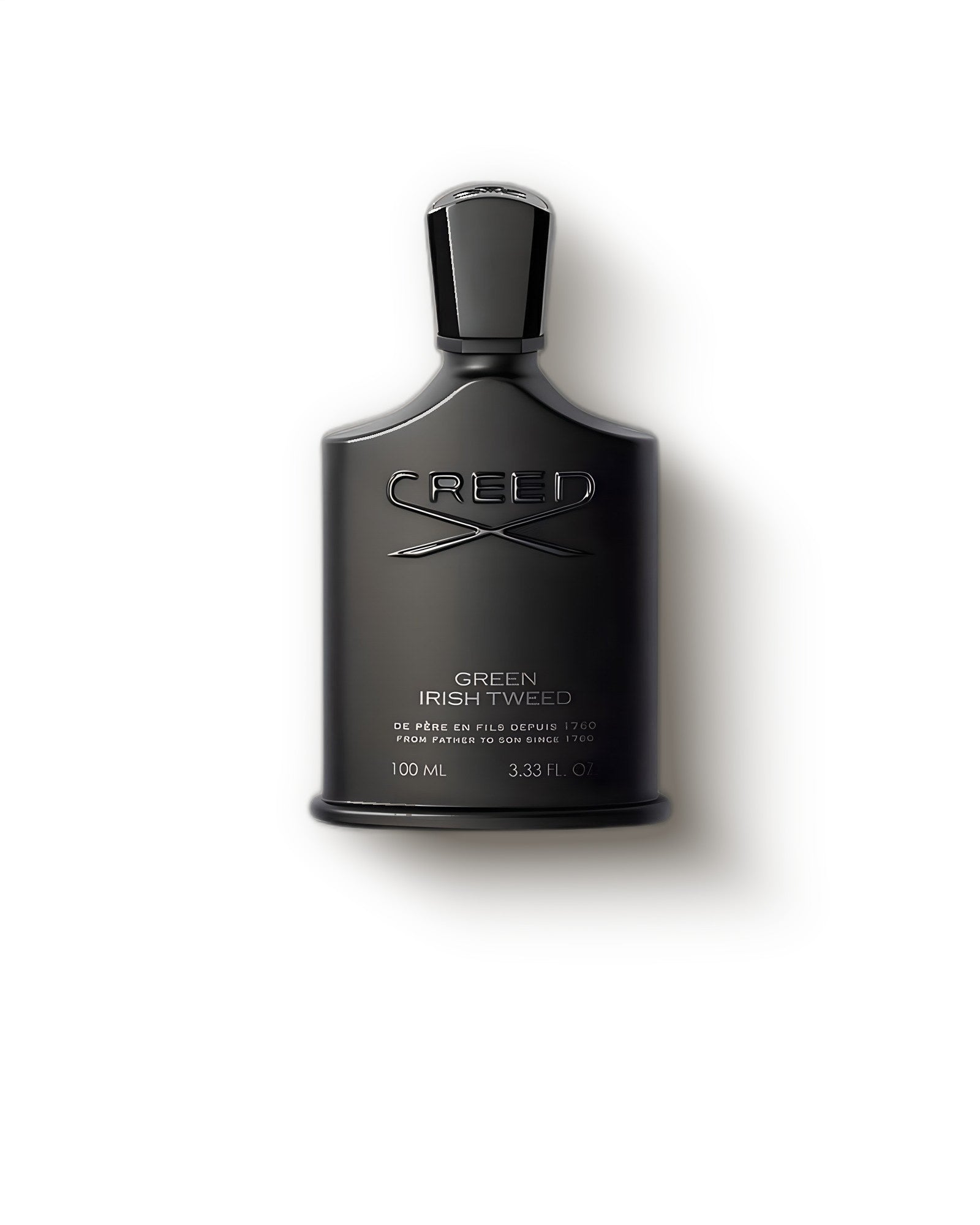 Creed Green Irish Tweed matte black bottle with silver crest on cream, green aromatic niche perfume decant