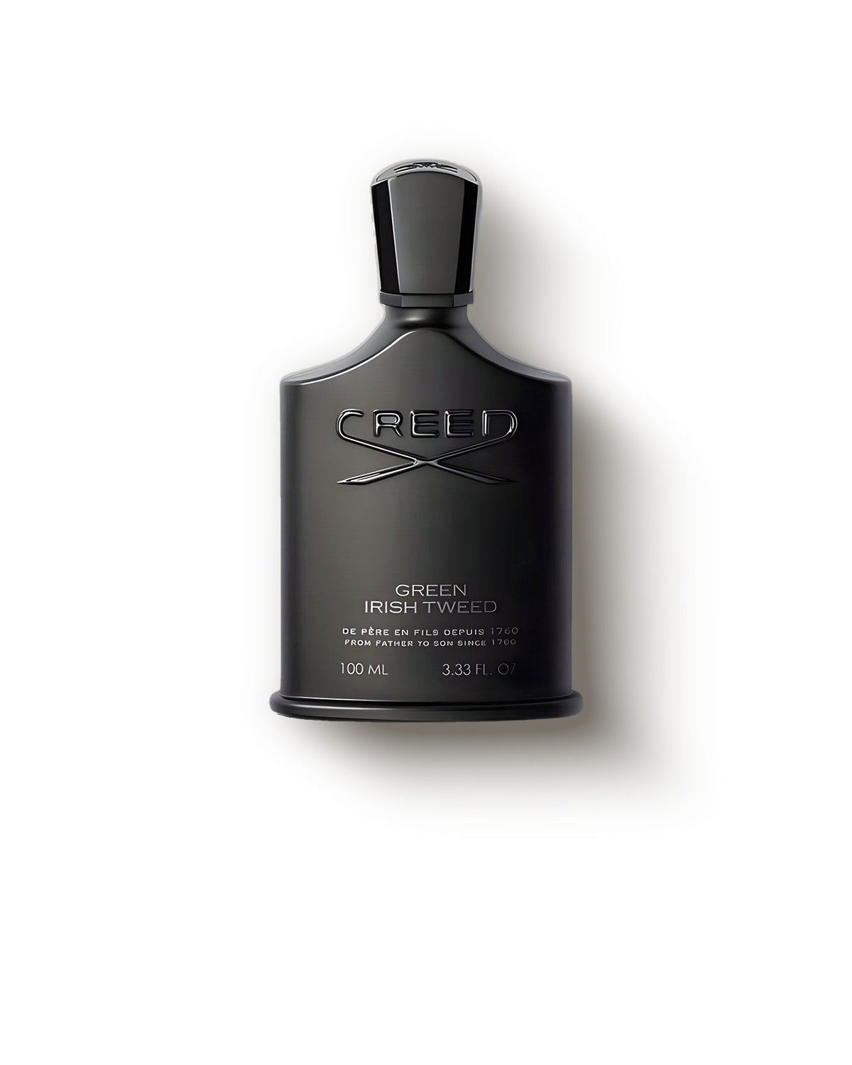 Creed Green Irish Tweed botol hitam matte berlambang perak di atas krem, decant parfum niche hijau aromatik