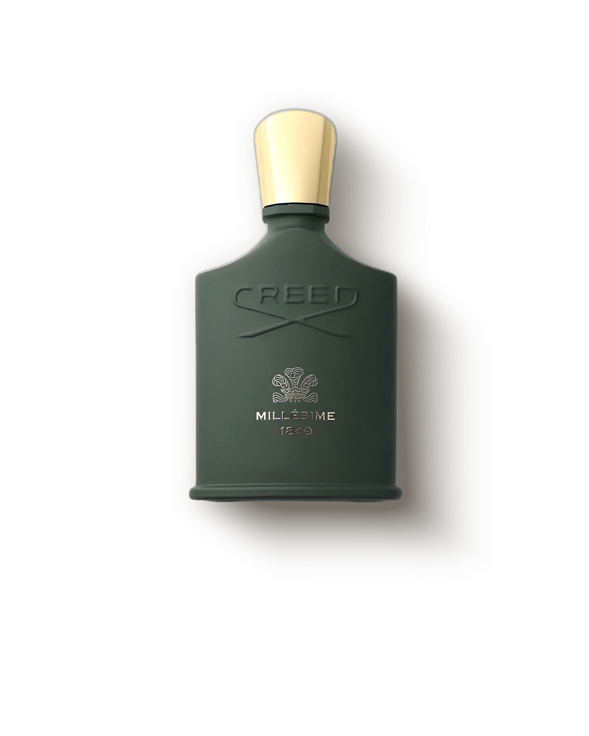 عطر Creed Millesime 1849 قنينة خضراء بغطاء ذهبي على كريمي ناعم، ديكانت عطر نيش زهري خشبي