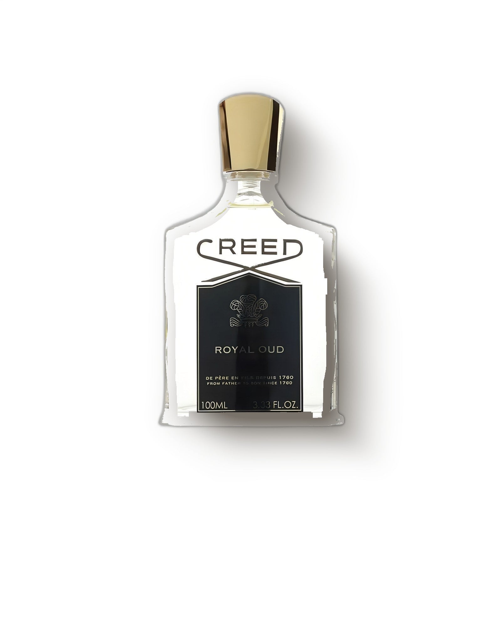 Creed Royal Oud clear glass bottle with gold cap on a pale grey studio backdrop, oud niche perfume decant