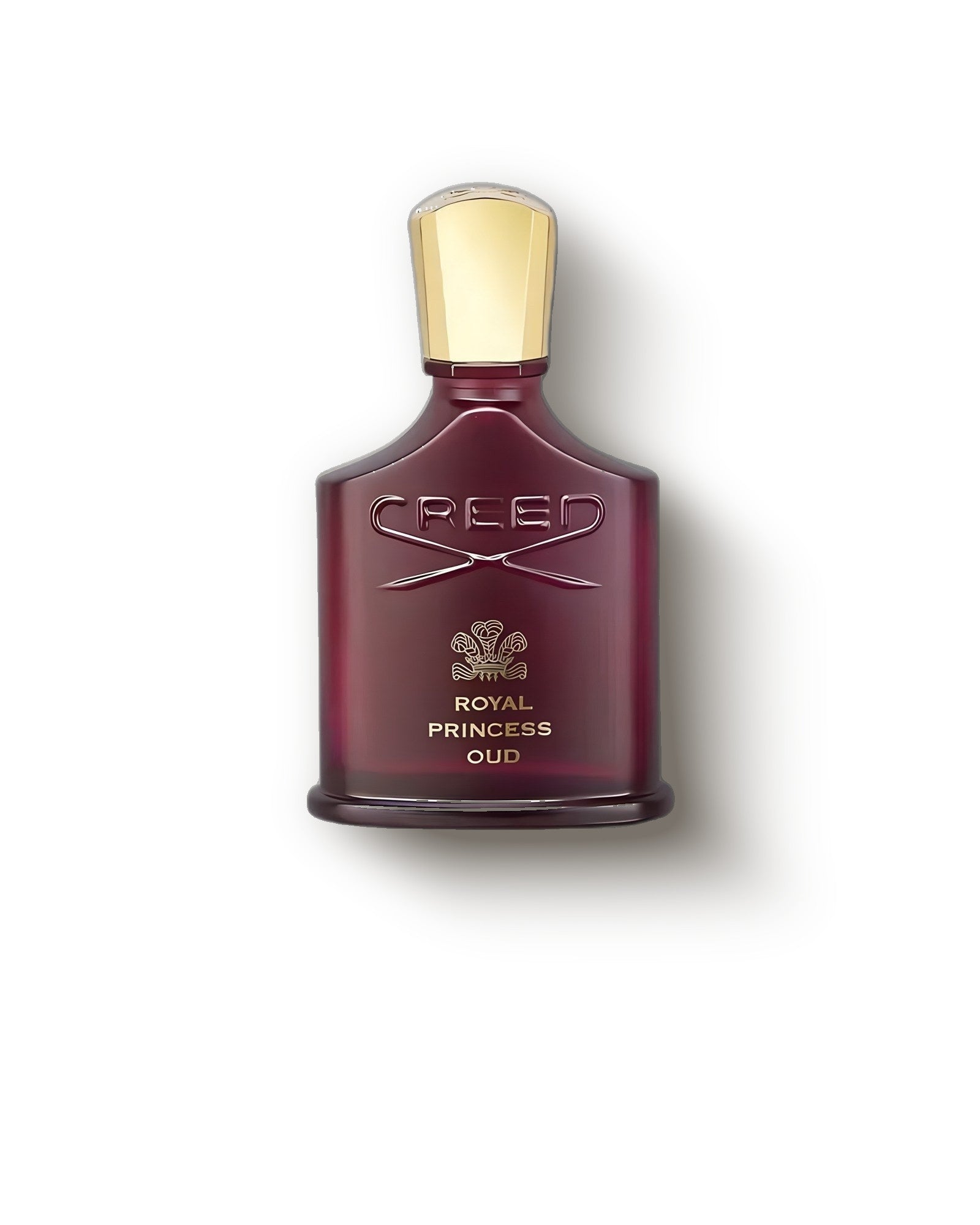 Creed Royal Princess Oud oxblood bottle with gold cap on a soft cream backdrop, rose oud niche perfume decant
