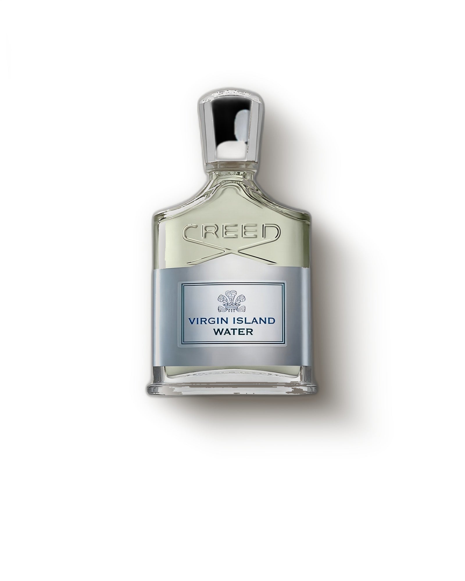 Creed Virgin Island Water bottle with chrome cap and silver label on cream, coconut citrus niche perfume decant