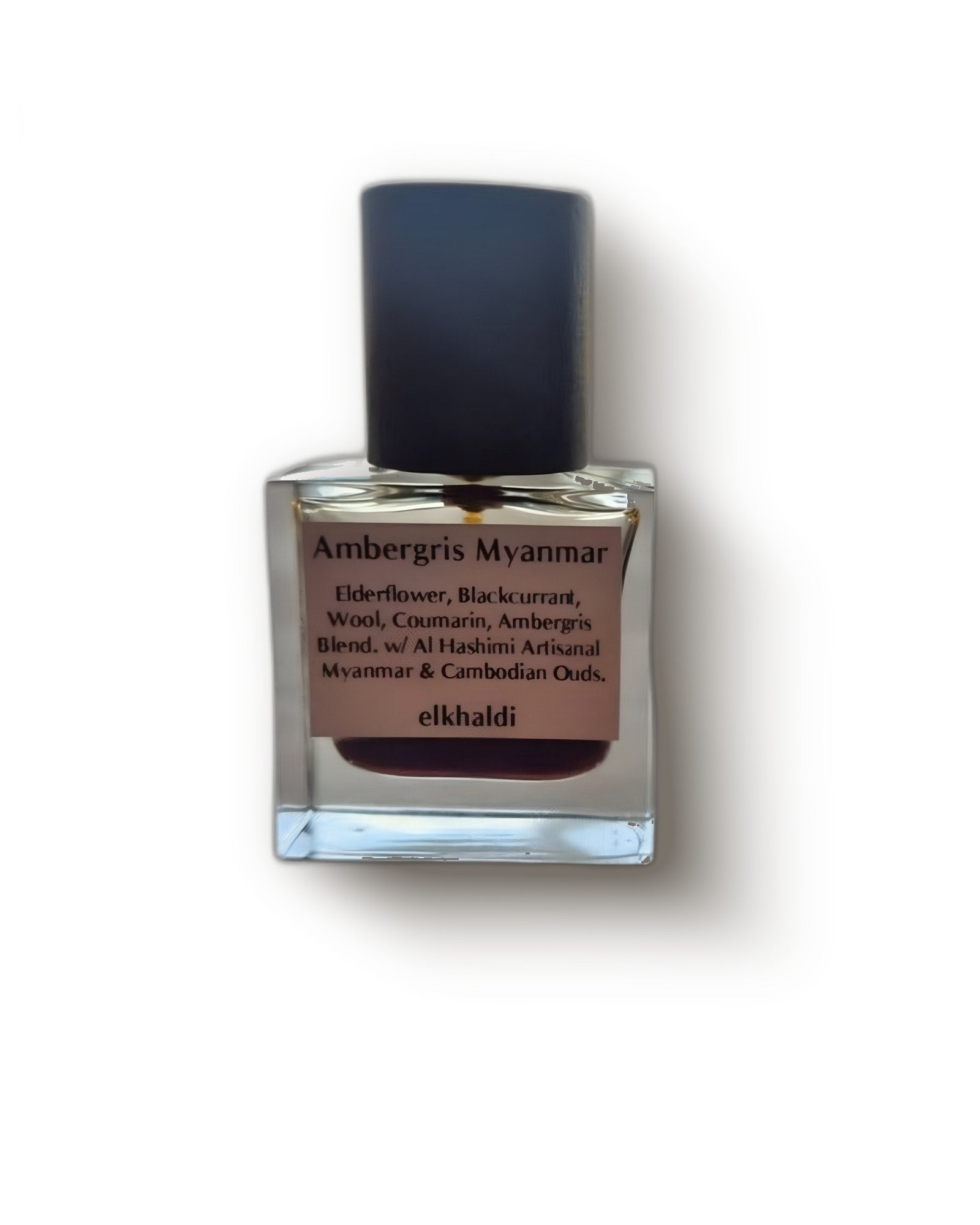 El Khaldi Ambergris Myanmar clear glass flacon with matte black cap and dark oud extract, woody oud pure parfum decant
