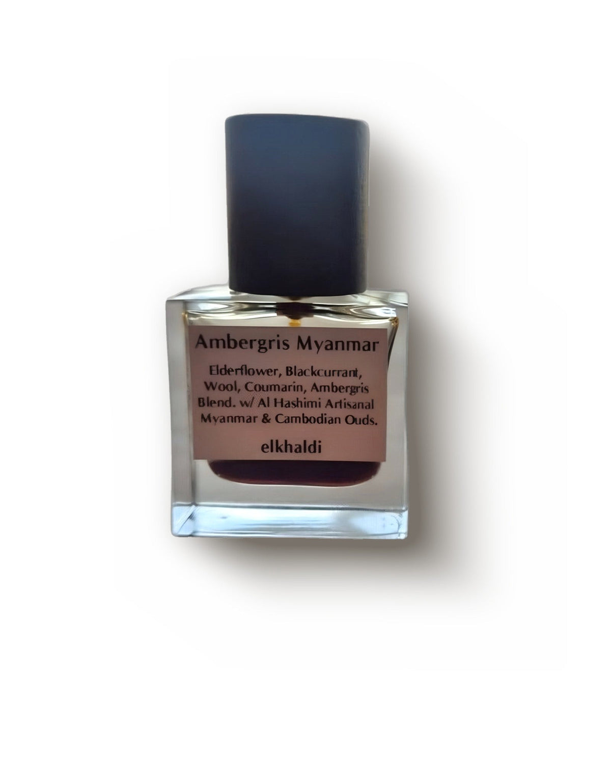 El Khaldi Ambergris Myanmar clear glass flacon with matte black cap and dark oud extract, woody oud pure parfum decant