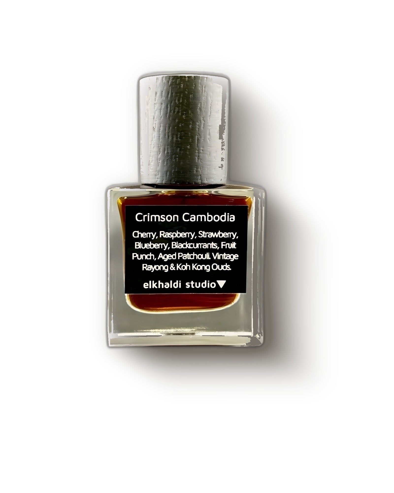 El Khaldi Crimson Cambodia square bottle with brushed silver cap on cream, fruity oud parfum decant