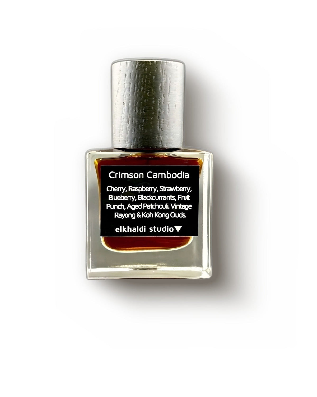El Khaldi Crimson Cambodia square bottle with brushed silver cap on cream, fruity oud parfum decant